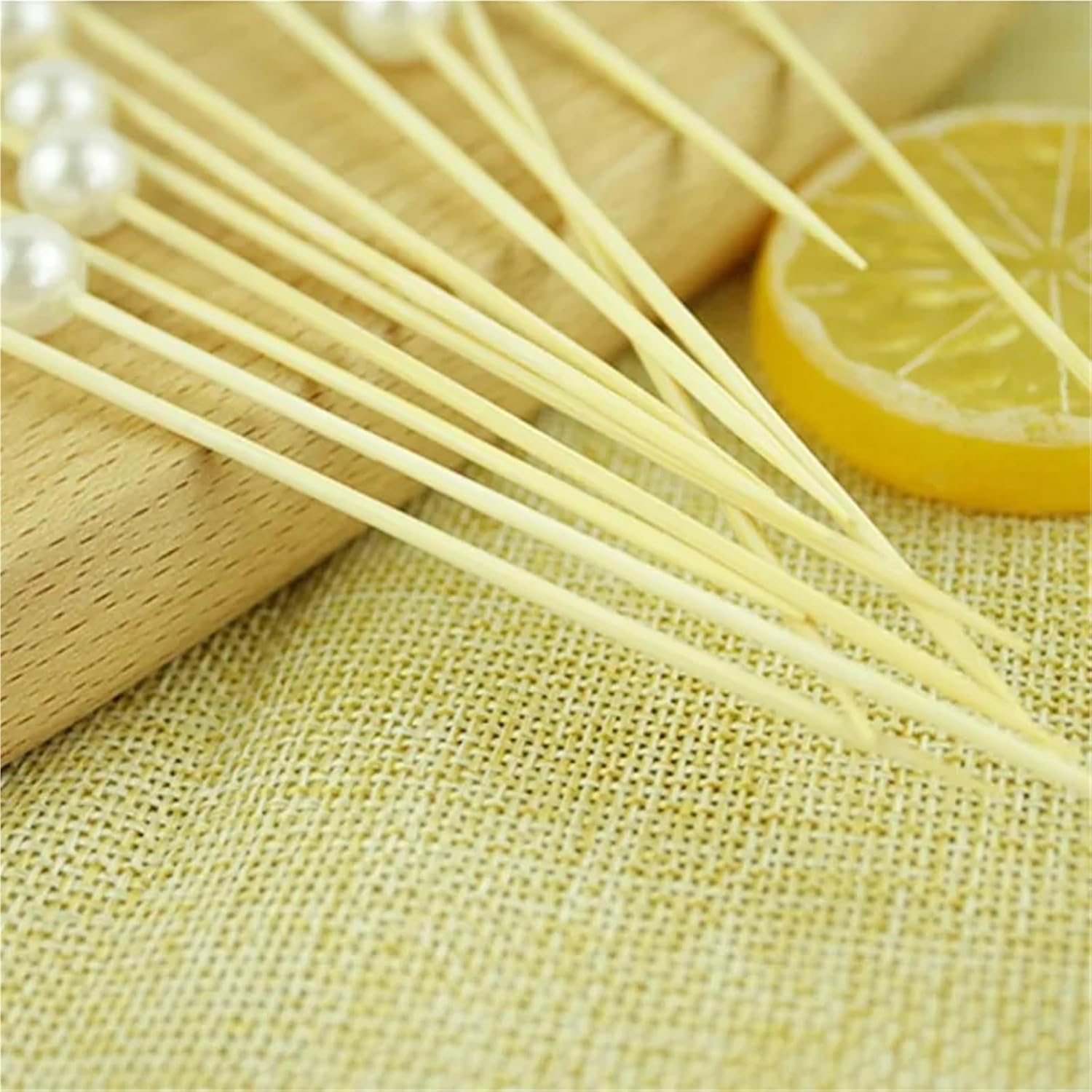 Fruit Skewers 100pcs 12cm White Pearl Bamboo Fruit Skewers Party Disposable Cake Dessert Cocktail Sticks Buffet Paper Cupcake Toothpick(Gold)
