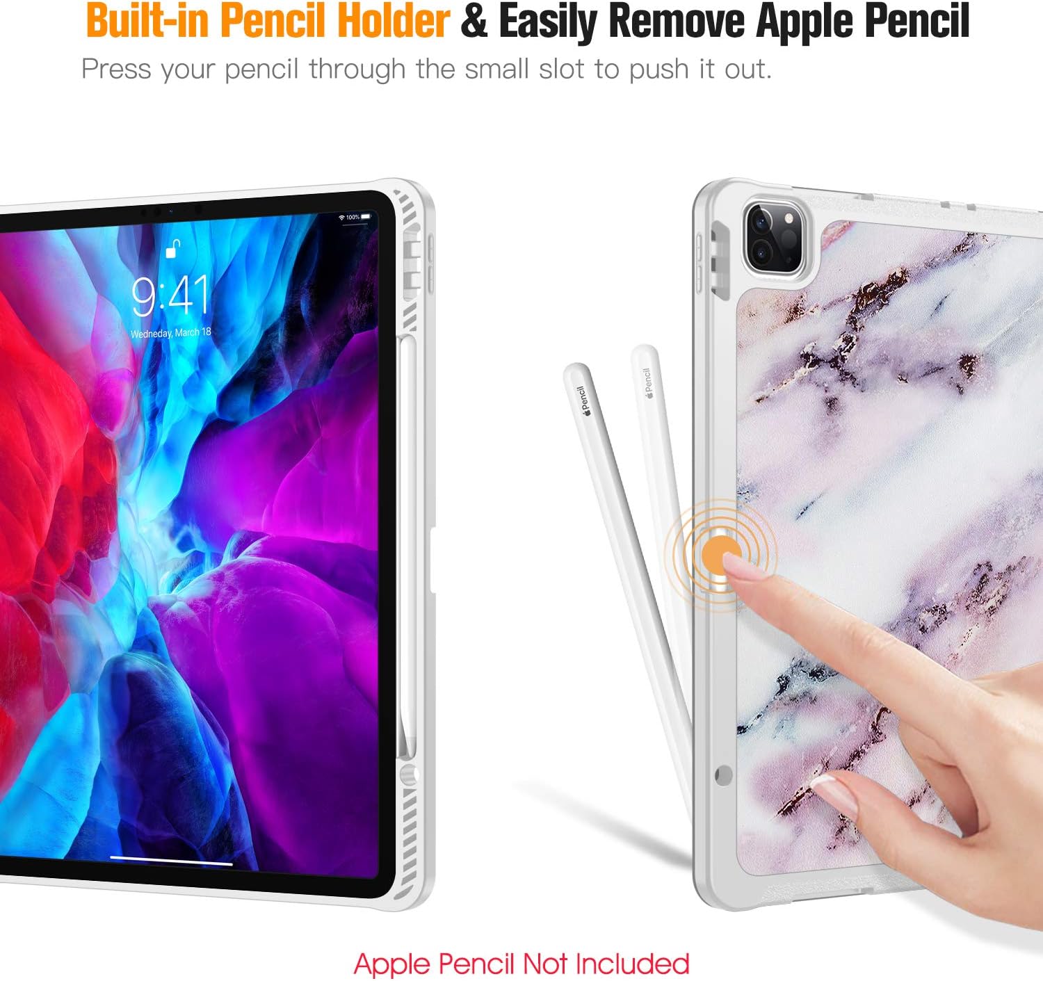 CaseBot SlimShell Case for iPad Pro 12.9" 4th & 3rd Generation 2020/2018 with Pencil Holder - Smart Stand Soft TPU Back Cover, Support Pencil 2nd Gen Charging & Auto Wake/Sleep, Marble Pink