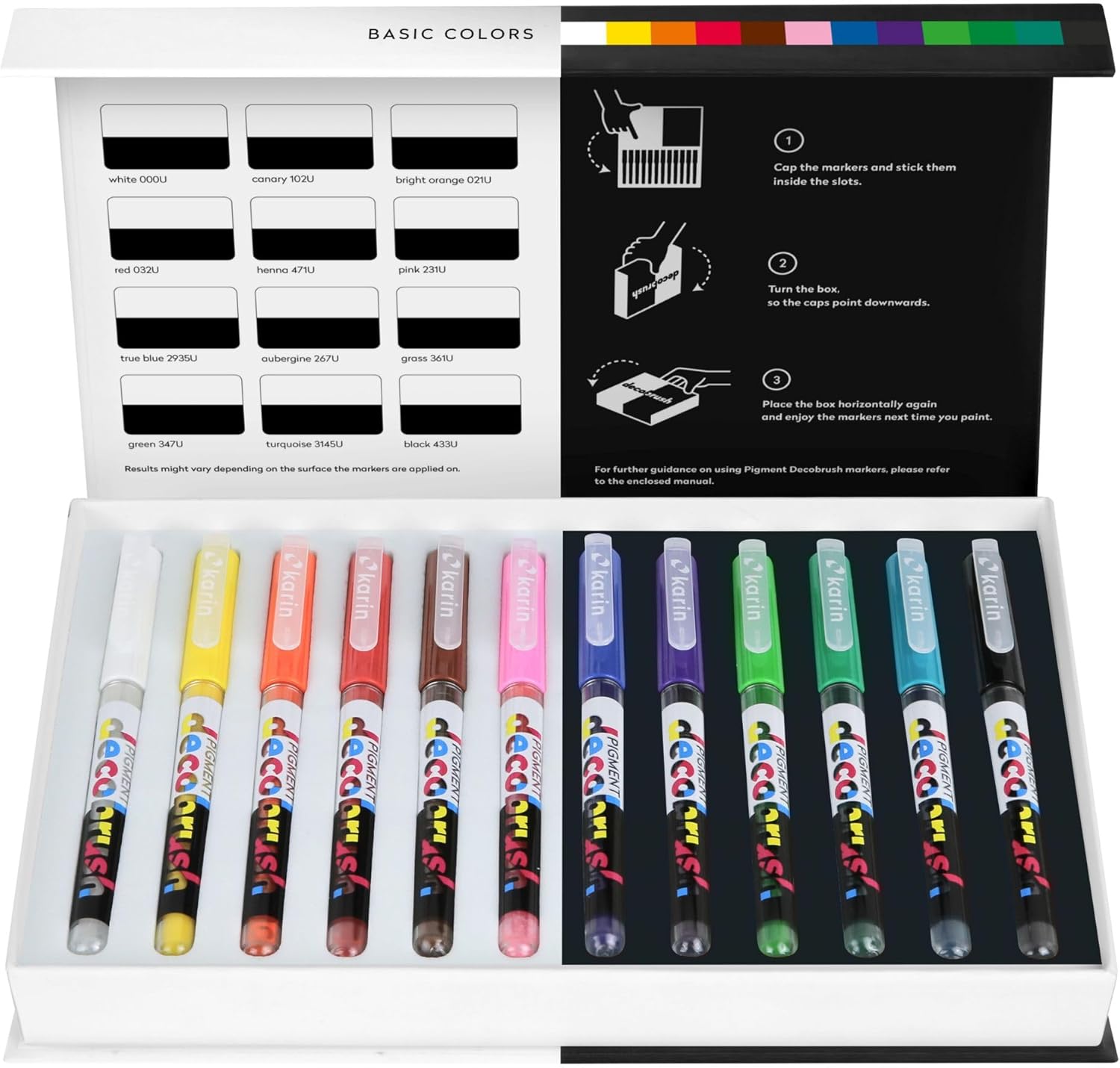 Karin Pigment Decobrush Acrylic Paint Markers, 12 Basic Colors Collection, Brush Tip, Acrylic Markers Set, Opaque, Lightfast & Waterproof Paint Pens for Wood, Fabric, Canvas, Rock Painting and More