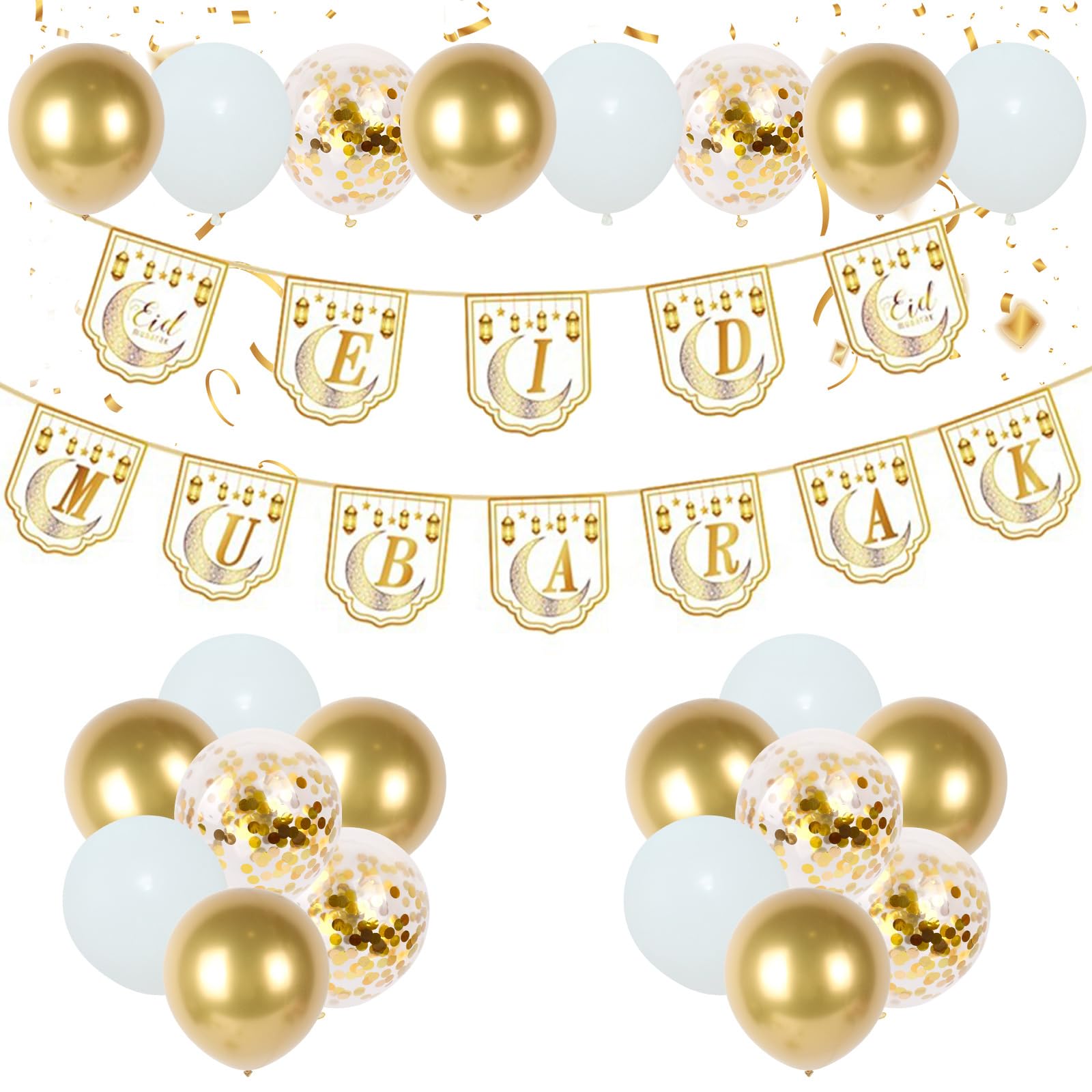 Eid Mubarak Balloons Decorations for Home 2026-80PCS White Gold Ramadan Balloons with Eid Mubarak Banner Bunting