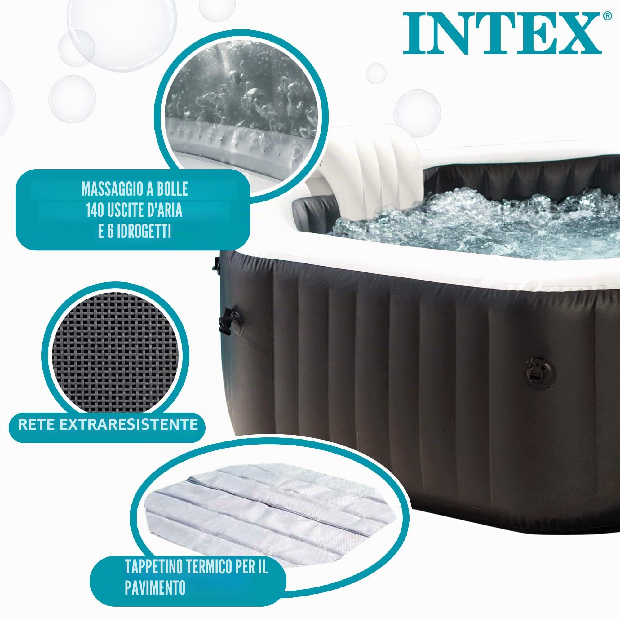 Intex 28462EX - PureSpa Vasca Idromassaggio Gonfiabile Jet&Bubble Deluxe Ottagonale, 6 posti, 140 Getti, Riscaldatore, Nero, 218x71 cm