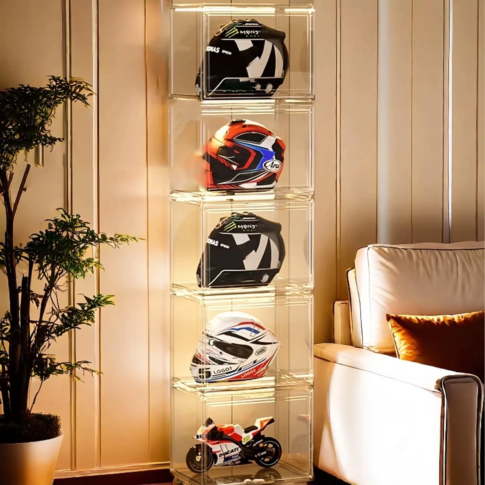 Casco Obra Vitrina de Acrílico Transparente para Cascos de Fútbol Americano, Armarios de Oficina para Guardar Cascos de Seguridad, Armarios de Seguridad contra Incendios(Five Boxes)