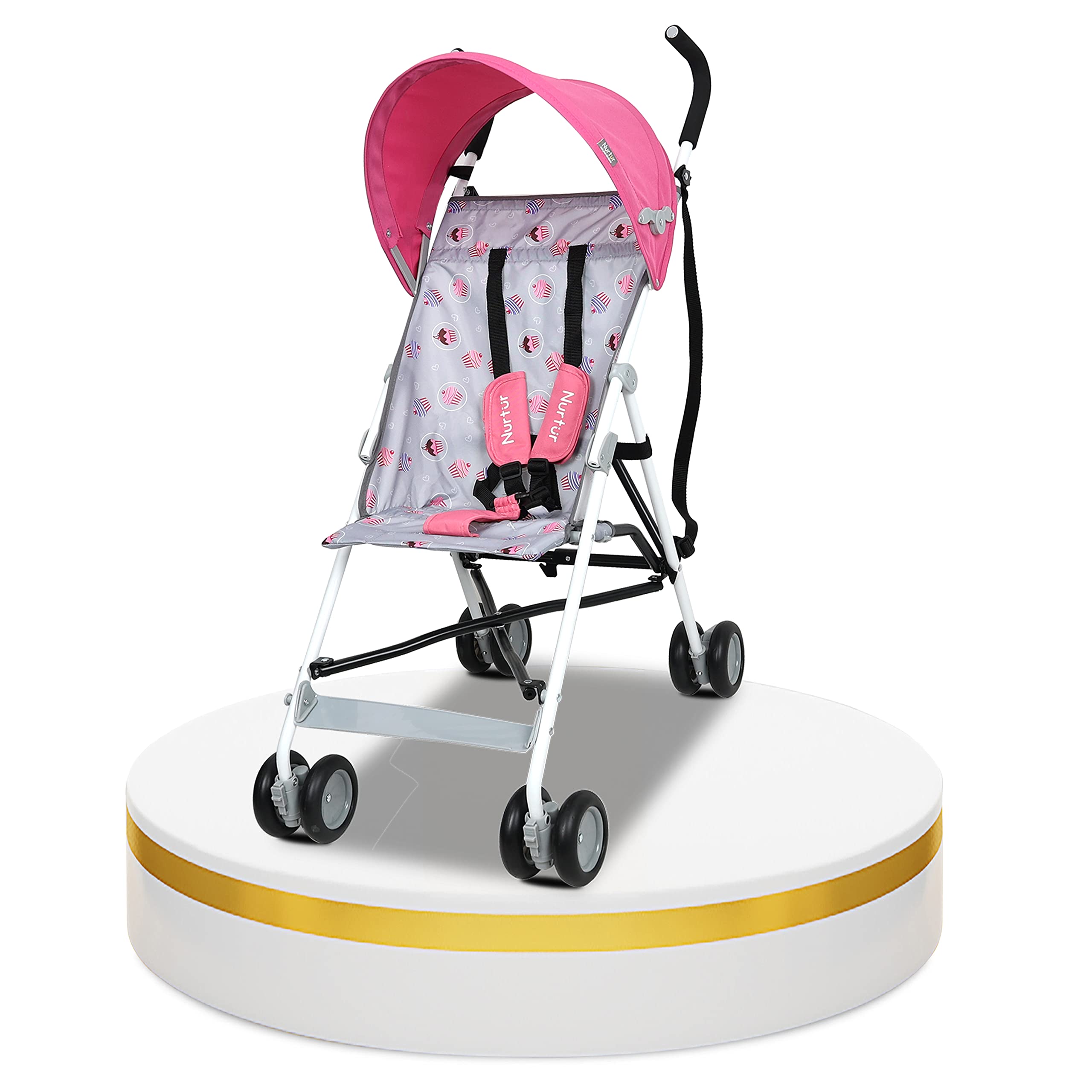 Nurtur Rex Lightweight Stroller – Compact Fold, Sun Canopy, Shoulder Strap, Airflow Design, Portable Buggy for Toddlers 6-36 Months, Easy Fold, Pink/Grey