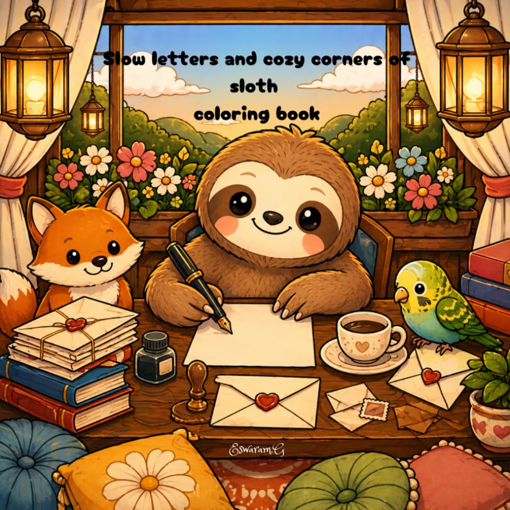 Slow letters and cozy corners of sloth coloring book: A Relaxing Coloring Book of Cozy Corners, Gentle Letter Writing, and Peaceful Woodland Moments