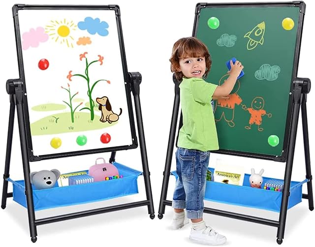 Nukdey Kids Art Easel Foldable Easel with 26inch-43inch Height Adjustable Standing Art Easel 360° Rotatable Double-Sided Whiteboard Chalkboard U-Shaped Drawing Board for Toddlers Boys Girls