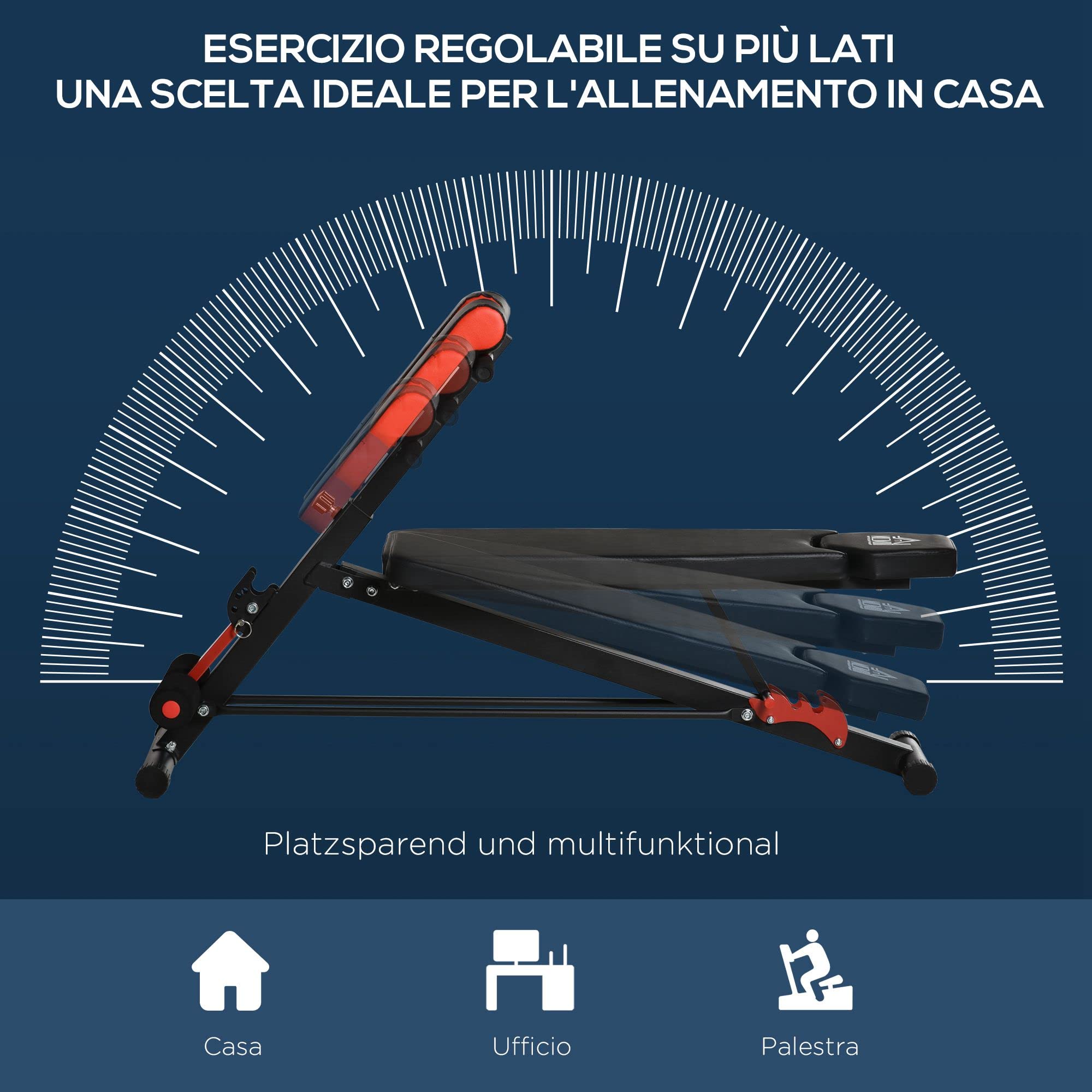 HOMCOM Panca Piana Palestra, Panca Pesi Regolabile per Allenamento a Casa, Panca Palestra Multifunzione con 1 Regolazione Piana e 2 Reclinazioni, 4 Regolazioni del Piede, Nero