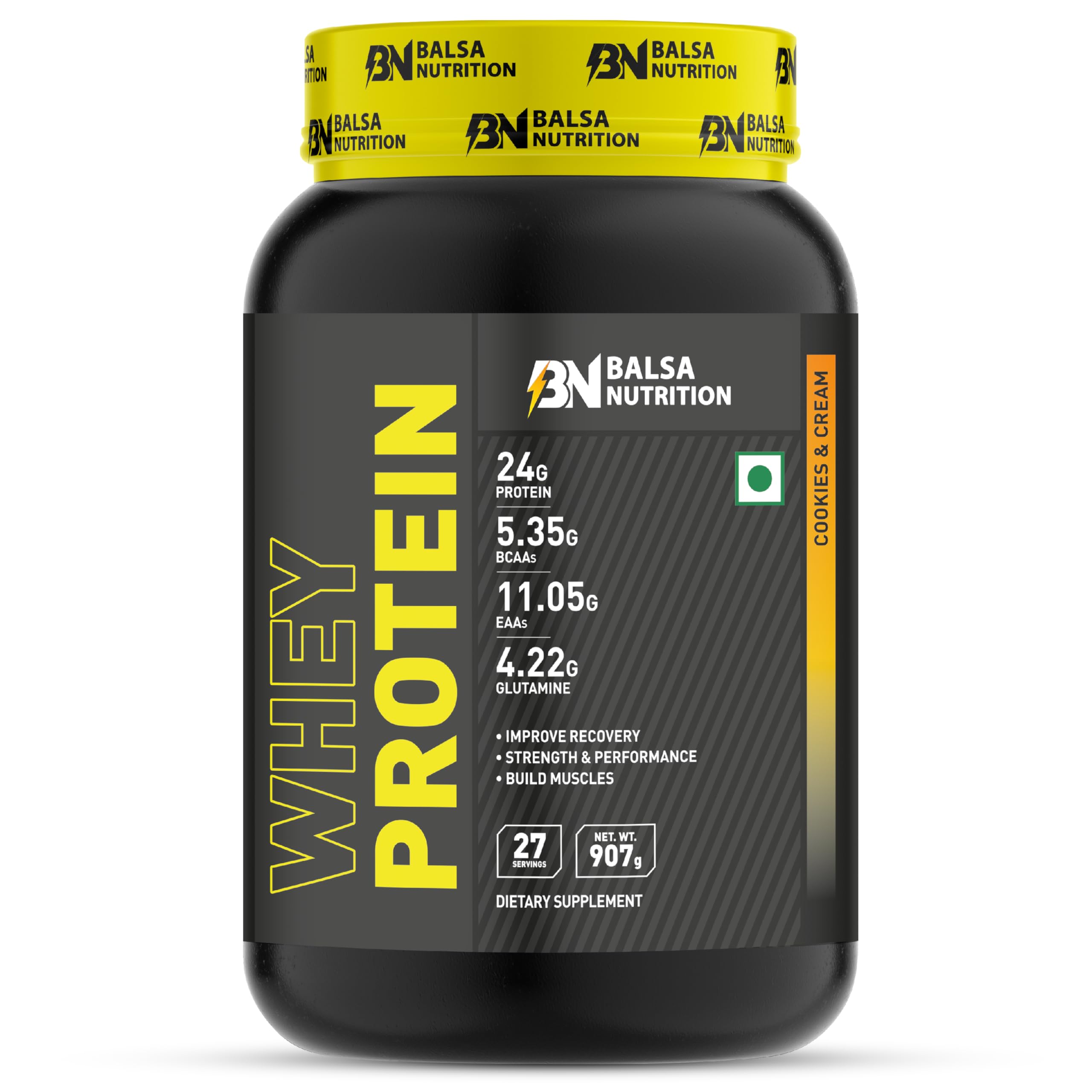 Balsa Nutrition Whey Protein Powder- 907g, 33g per Serving (Cookies & Cream) | For Muscle Growth, Workout & Performance Recovery, Weight Management, Powerful Antioxidant | Non- GMO, Gluten Free