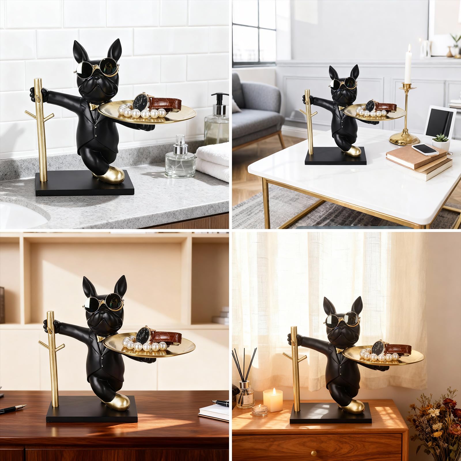 SHENGTIAN Statua Bulldog Francese in Resina con Vassoio Metallico Dorato, Portaoggetti Decorativo Statua Vassoio Portaoggetti per Chiavi Bijoux, Soprammobile Moderno Particolare per Casa Ufficio