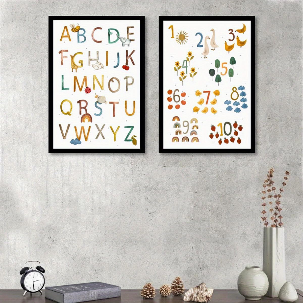 GLWDME Toile murale éducative avec alphabet, chiffres et lettres, images, affiches et impressions pour chambre à coucher, peinture murale（Encadrée）