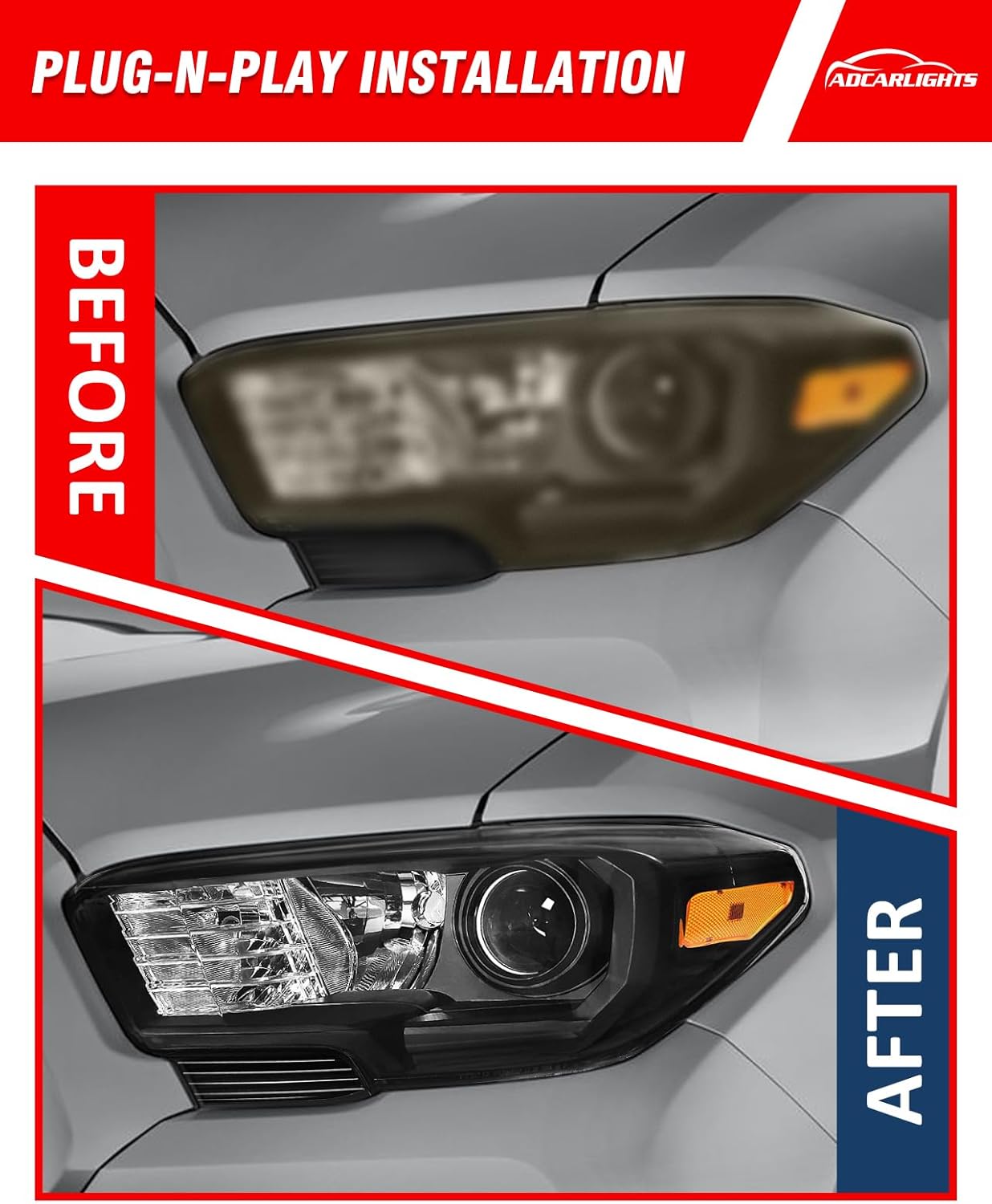2016-2023 Toyota Tacoma Headlight Assembly, Black Housing Amber Reflector IP65 Waterproof Dustproof Fits Non-LED DRL Models Only Driver and Passenger Side (Bulbs Not Included)（W/O Bulbs）