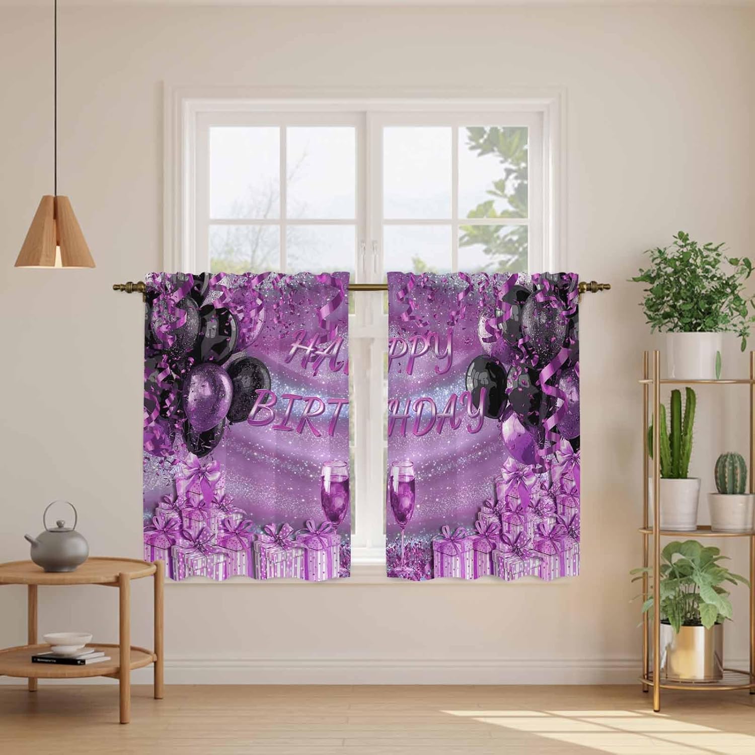 Happy Birthday Purple Kitchen Curtains, Gifts Balloons Goblet Shinning Glitter Ribbons Light Filtering Window Curtain, 2Pcs Rod Pocket Window Treatments Set for RV Dining Room Study Room 42x45 Inches
