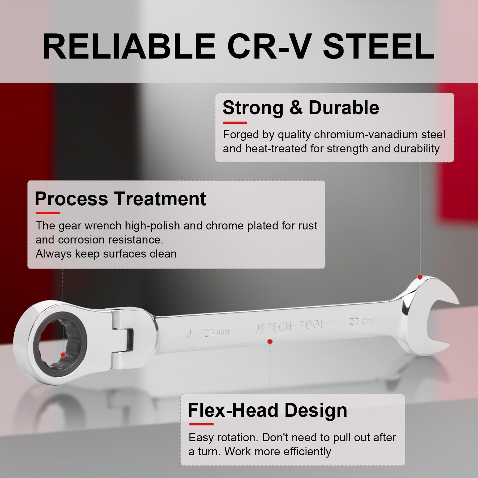 Jetech 27mm Flexible Head Gear Wrench, Industrial Grade Flex Ratcheting Spanner Made with Forged - Image 3