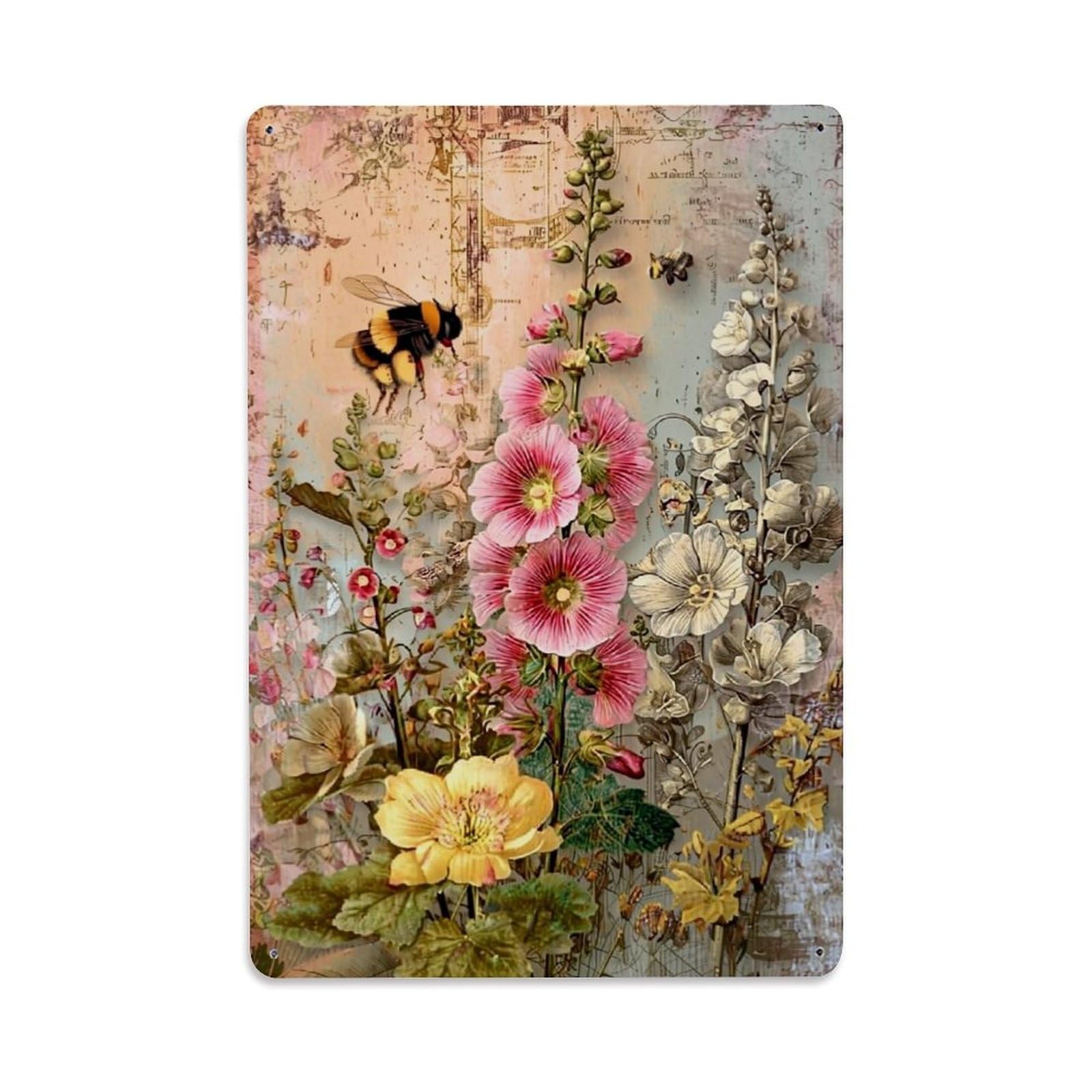 Jdfenggu Vintage Floral Bee Botanical Art Retro Metal Tin Sign, Decor Art Poster For Bar, Home, Man Cave, Kitchen, Laundry Room Gift 8X12inch