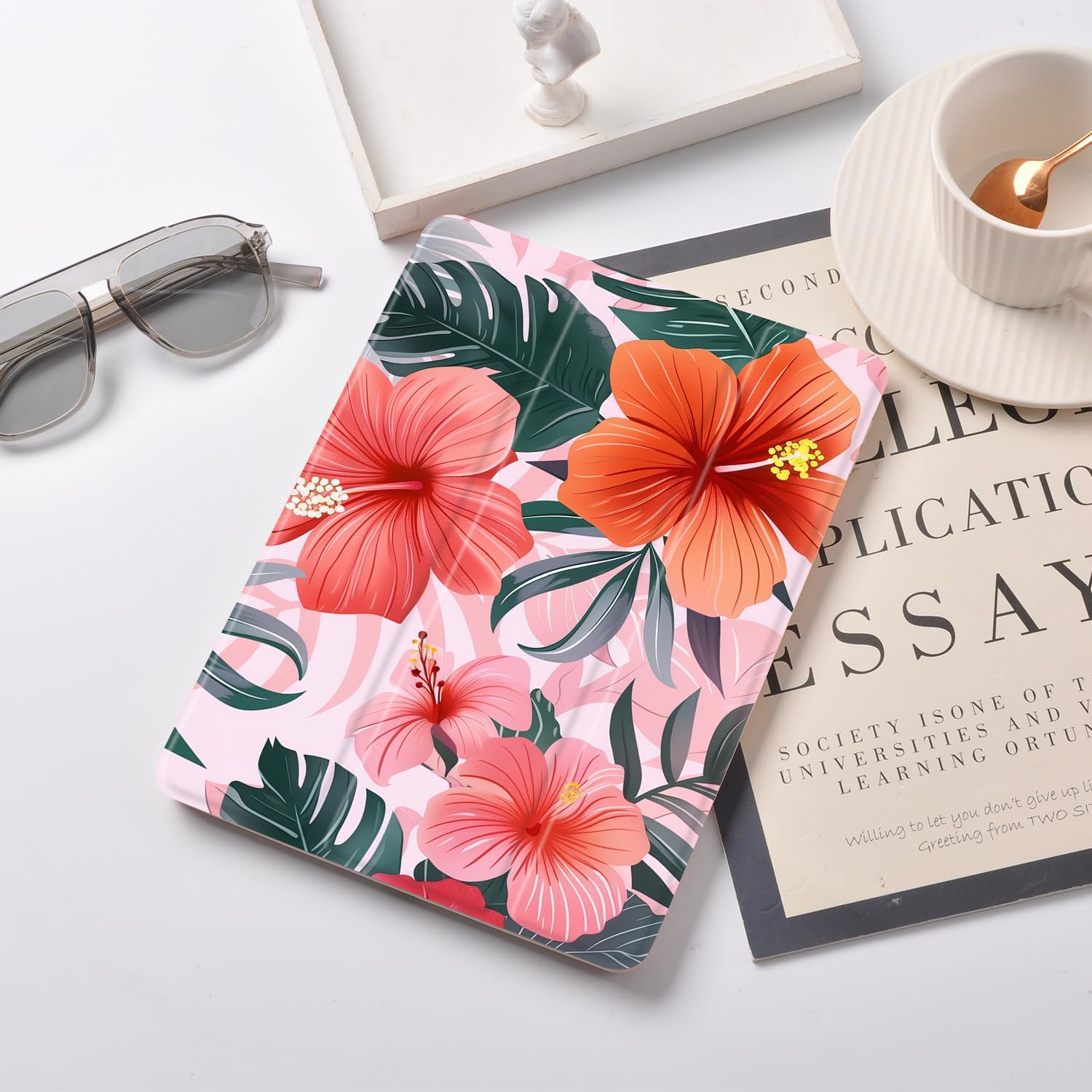 Joyland Hibiscus Flower for iPad 6th/5th Generation 9.7 Inch 2018/2017,iPad Air 2/Air 1 Case,Built-in Pencil Holder with Shockproof Cover Transparent Back Shell Auto Wake/Sleep,Pink