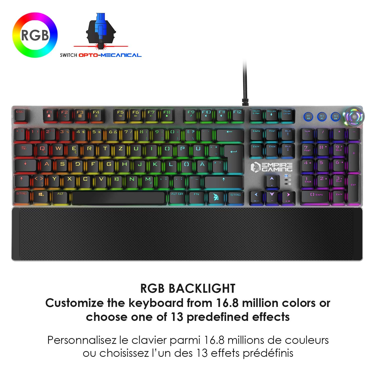 EMPIRE GAMING Stardust Gaming Tastatur Opto Mechanische Tasten RGB LED Hintergrundbeleuchtung Gamer Programmer Software Abnehmbare Handauflage (QWERTZ Deutsche Layout)