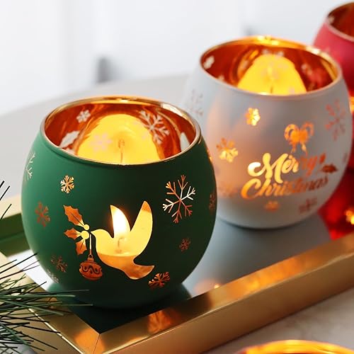 Miniatura 3 de Juego de 6 portavelas votivas de Navidad, portavelas de cristal rojo, verde y blanco con 6 patrones de grabado láser para decoración de mesa de