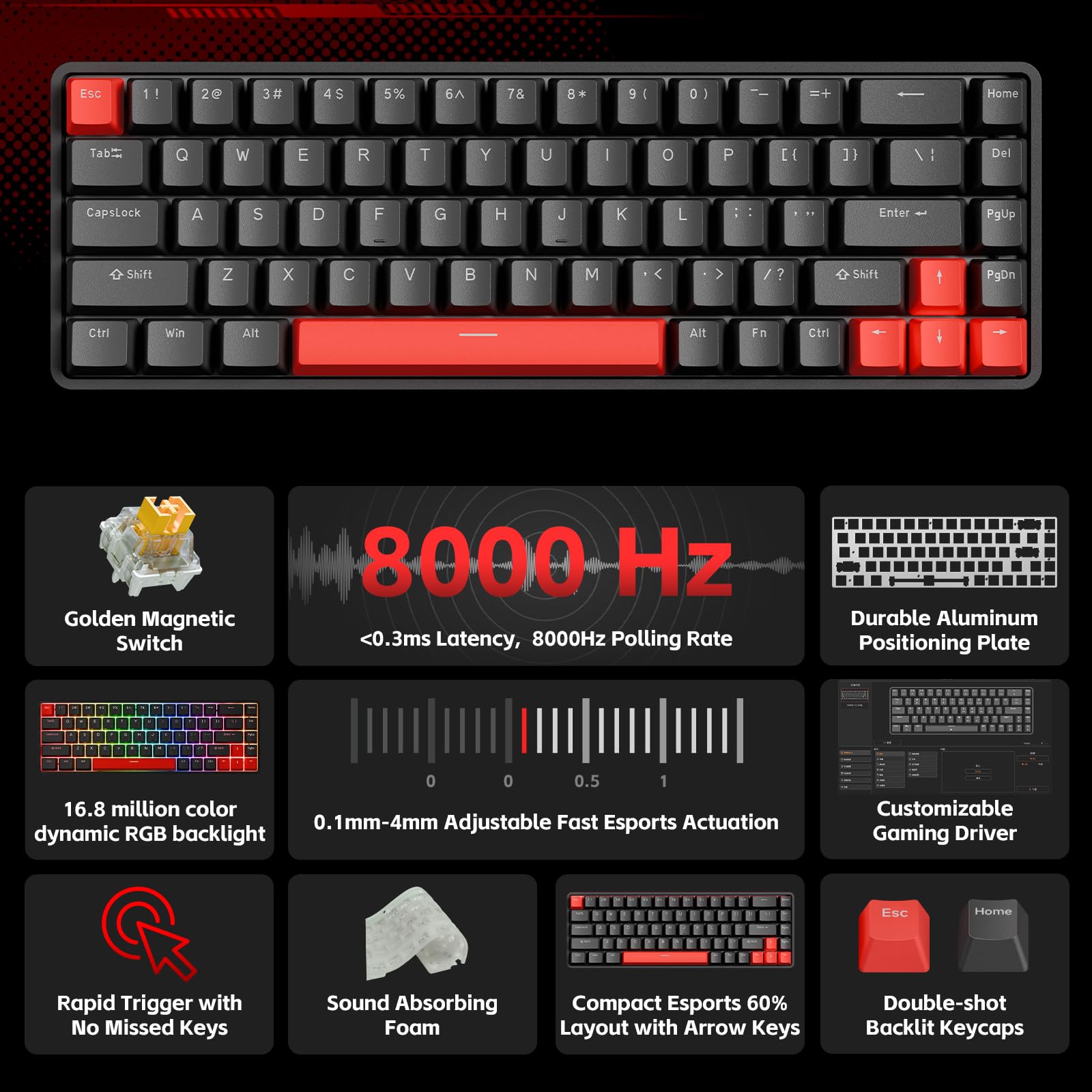 TMKB T68-C HE Rapid Trigger Gaming Keyboard - Hall Effect Magnetic Switches with Adjustable Actuation, 8000 Hz Polling Rate, 60% Hot-Swappable Compact for FPS/RTS Gamers (Black/Red)