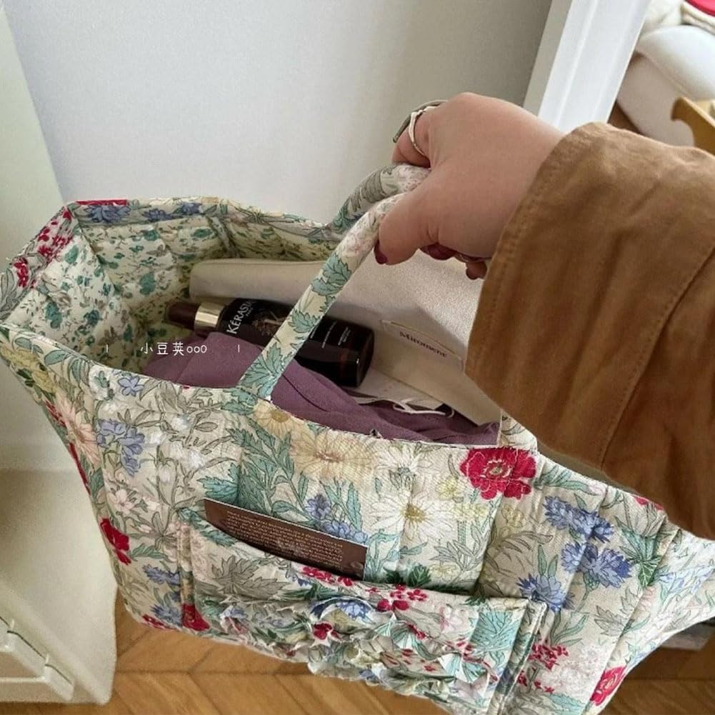 Boho Fabric Storage Basket, Boho Floral Laundry Baskets, Collapsible Bohemian Style Puffer Quilted Tote, Large Capacity Spring Vintage Storage Bag Organizer with Handle & Front Pocket (Flowers C#)