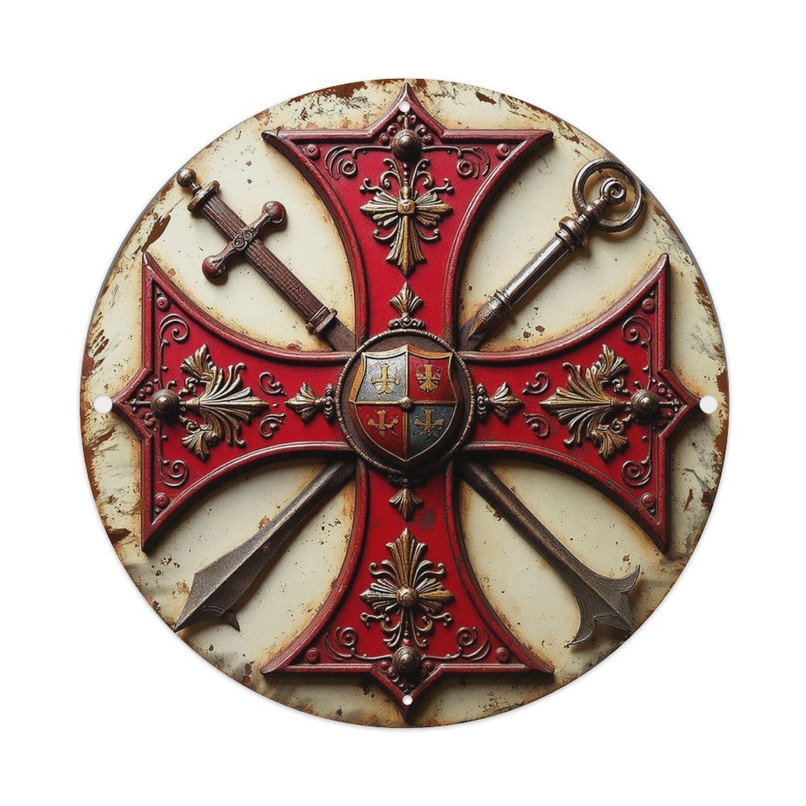 Red Cross With Swords And Shield Vintage Metal Tin Sign Retro Wall Decor for Home Bar Garage Cafe, Indoor & Outdoor Decorative，circle Metal Poster, 8x8 Inch
