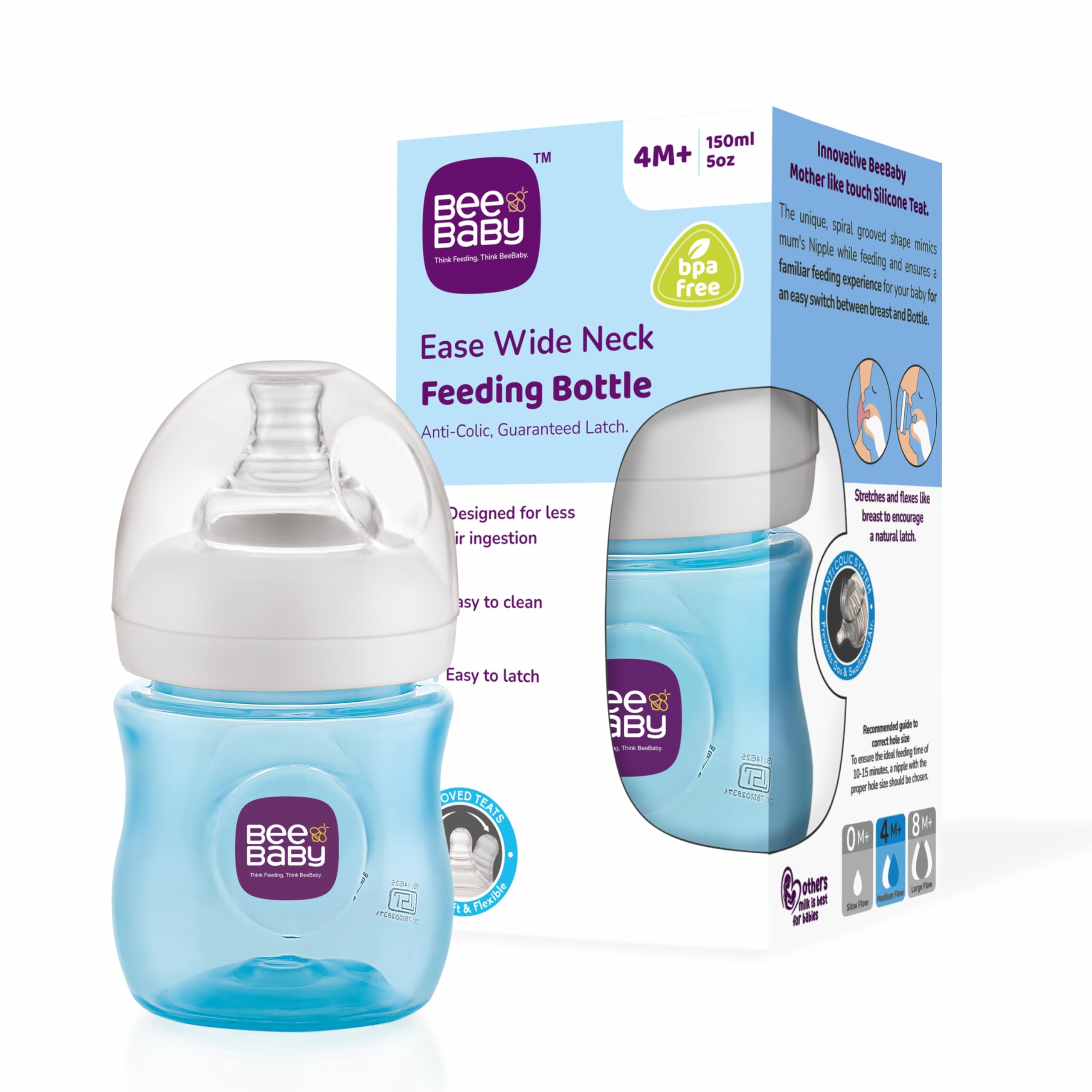 BeeBaby Ease Wide Neck Baby Feeding Bottle with Anti-Colic Soft Silicone Nipple for Newborns, Infants, Kids. Easy to Latch. 100% BPA Free. (1, Bottle_Blue, 150 ML)-picture-26