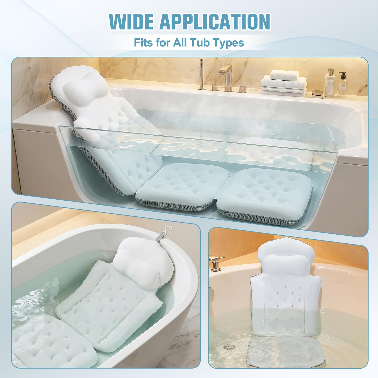 Almohada de baño de Cuerpo Completo 127 x 41 cm, con Soporte para Cabeza y 192 ventosas. Grosor 6 cm en Espuma viscoelástica – Relajación Tipo SPA en casa – Incluye Bolsa de Lavado