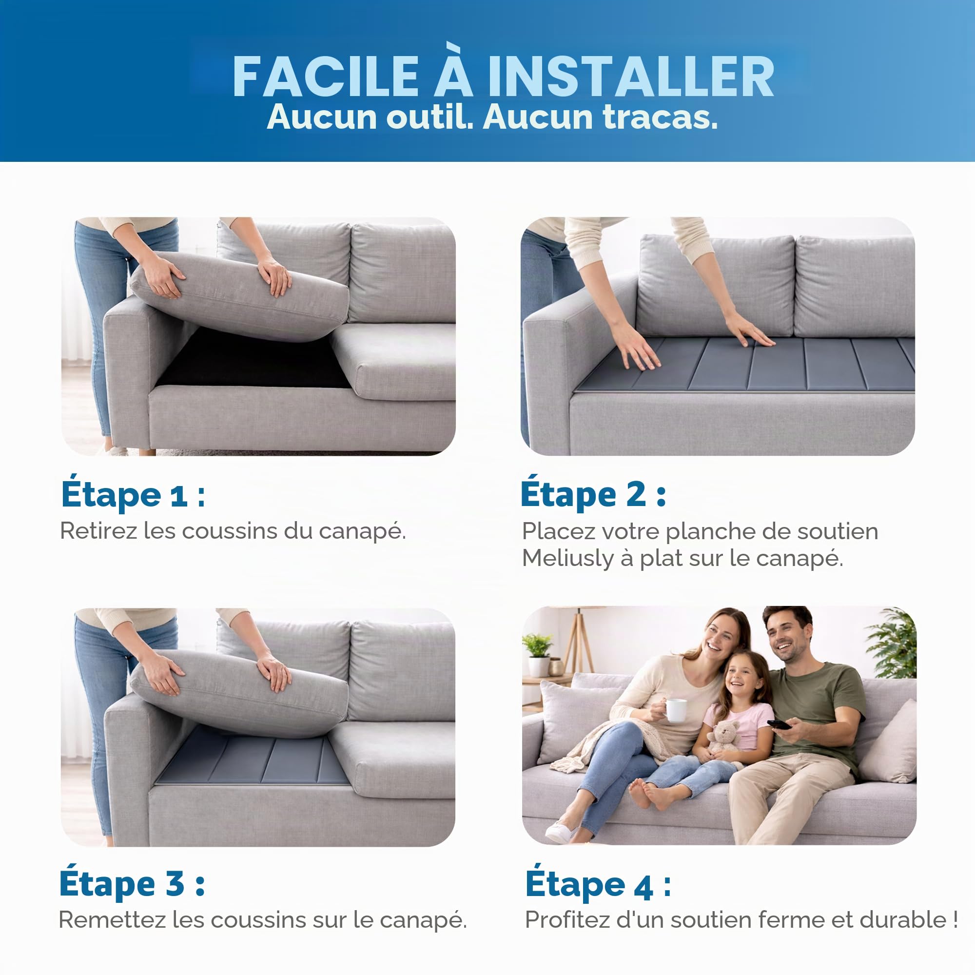 Meliusly Coussin de canapé robuste pour coussins d'affaissement (61 x 122 cm) en bois renforcé pour siège affaissé, support de canapé profond pour dessous les coussins, économiseur de causeuse