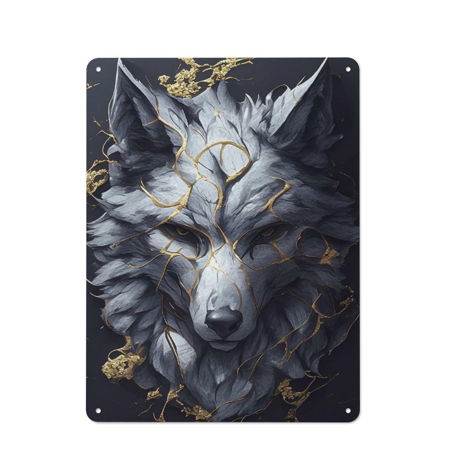 Retro Metal Wall Sign 40x30cm Featuring Wolf with Golden Veins for Pub Or Café, for Garage, Workshop And Man Cave Decoration