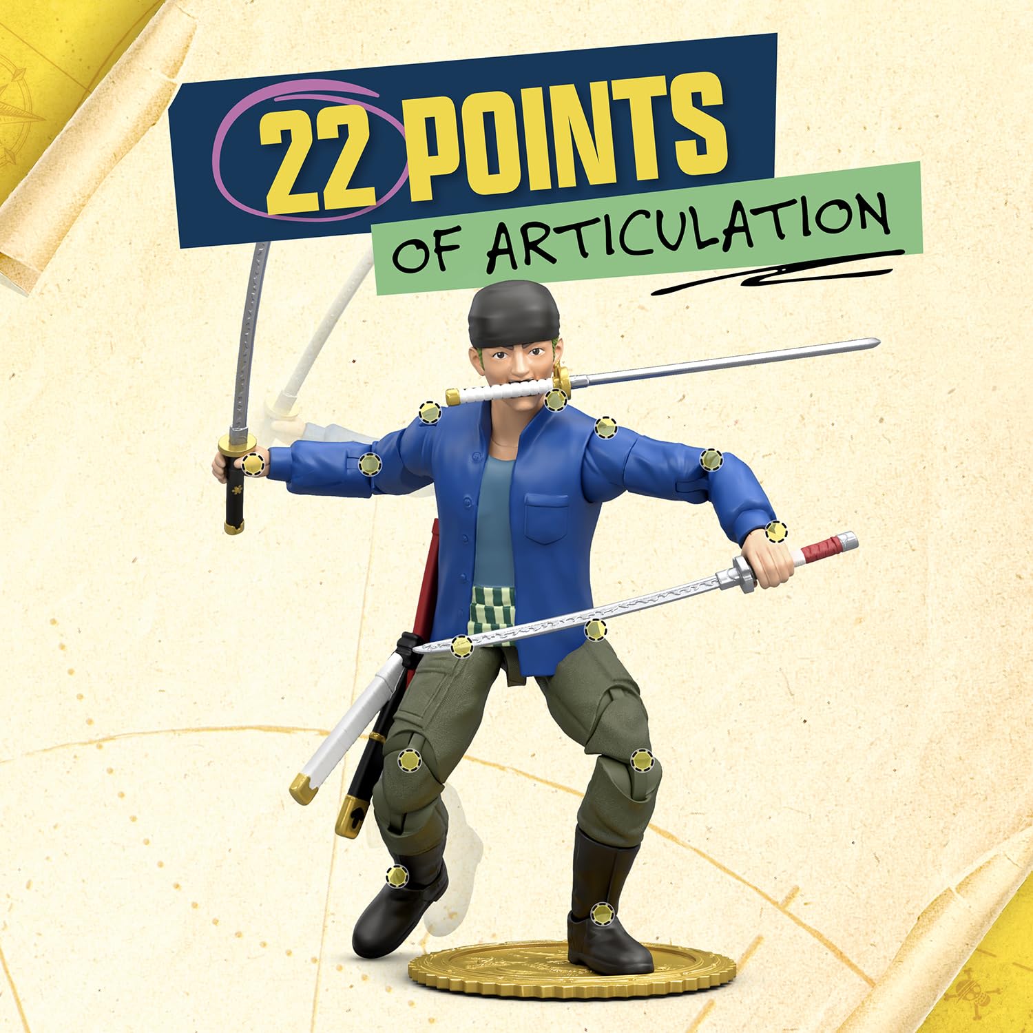 One Piece Figura de acción de Zoro 15,24 cm con 5 Accesorios; Incluye Espadas Intercambiables, una Funda para Espadas, un Rostro Intercambiable y una Base de exposición con Forma de Berry