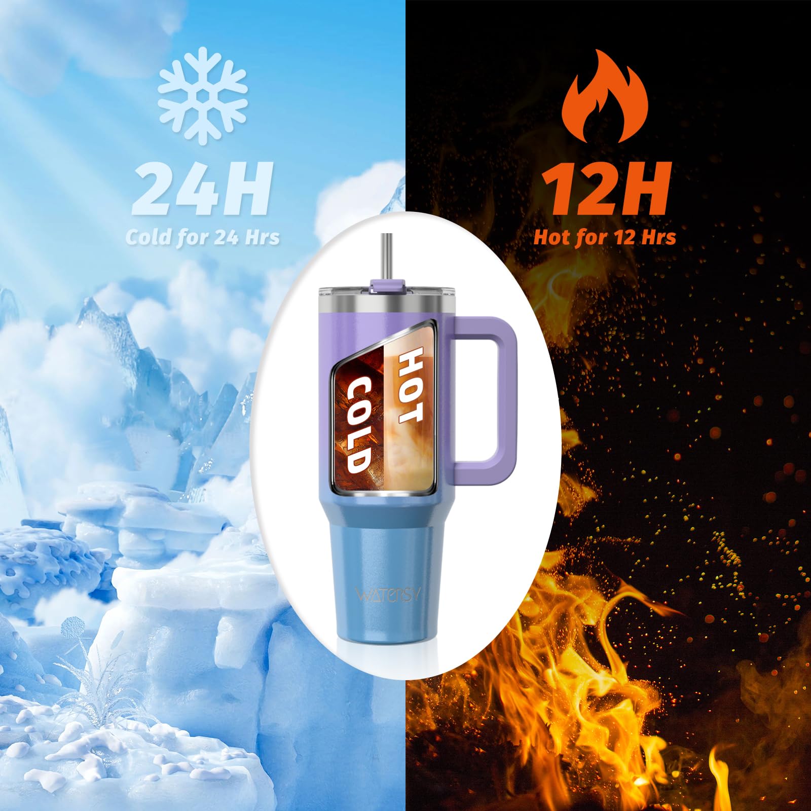 WATERSY 1182ml Gobelet à Café à Emporter, Double Paroi En Acier Inoxydable, Anti-fuite, Avec Poignée Et Paille, Chaudes Pendant 12 Heures Et Froides Pendant 24 Heures, Violet Bleu Brillant