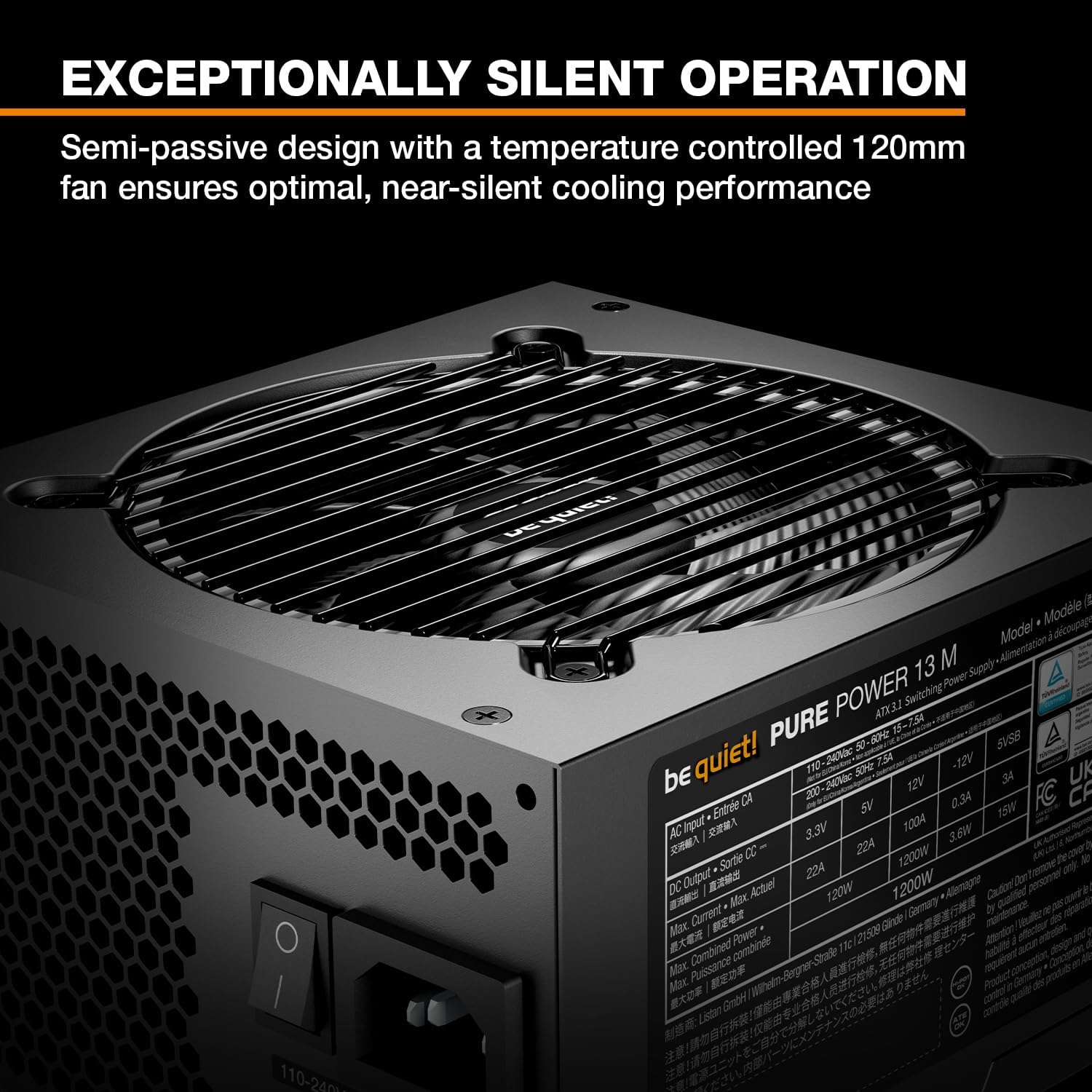 be quiet! Pure Power 13 M 1200W Power Supply, 80 Plus® Gold Certification, ATX 3.1 PSU, Support for PCIe 5.1 GPUs, semi-Passive 120mm be quiet! Fan, LLC Technology, Single Rail, for Overclocked GPUs