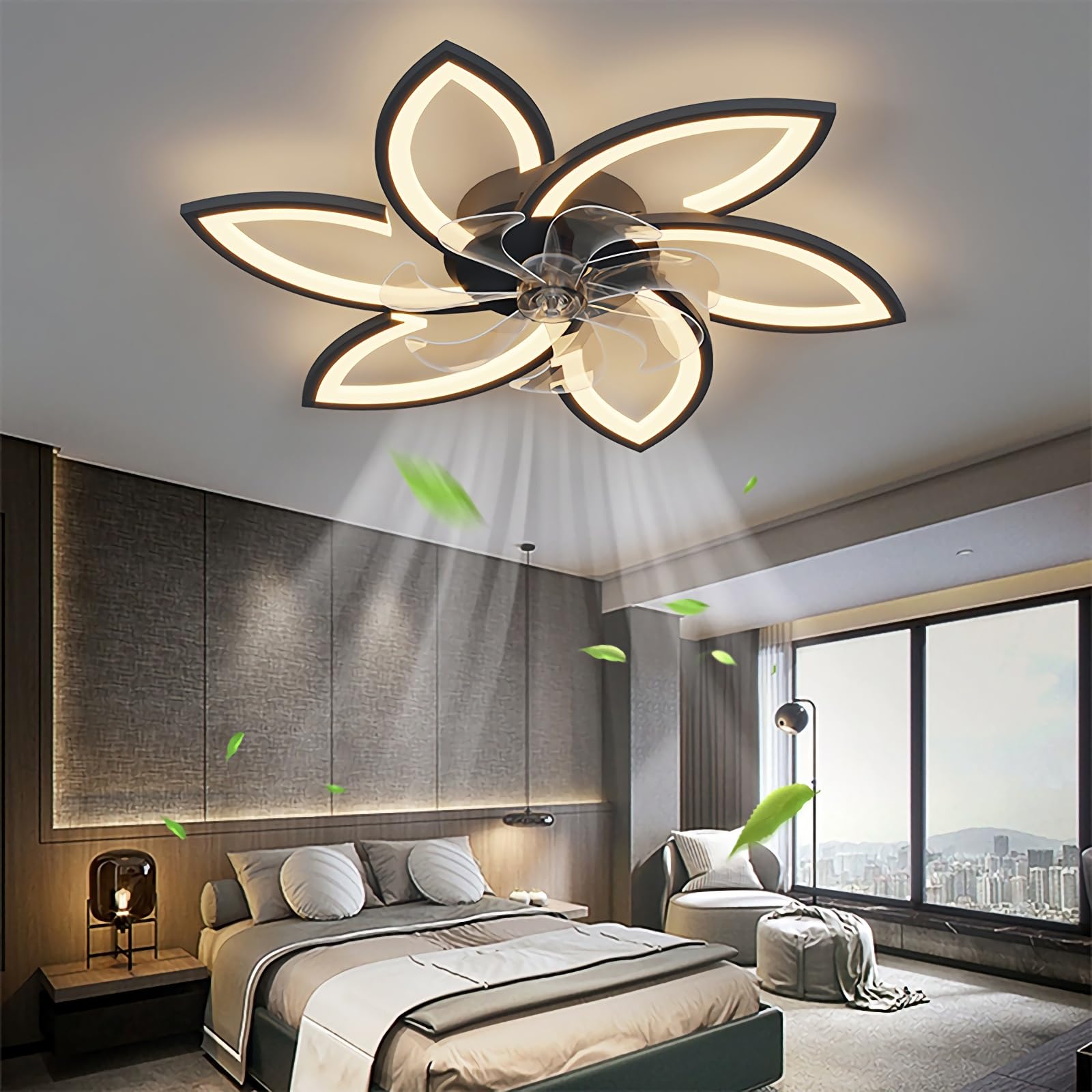 Modern Stumm Deckenventilator mit Beleuchtung, LED Dimmbar Ventilator Deckenleuchte mit Fernbedienung Licht für Wohnbereich Schlafzimmer, 6 Geschwindigkeiten Einstellbar, Schwarz 78CM