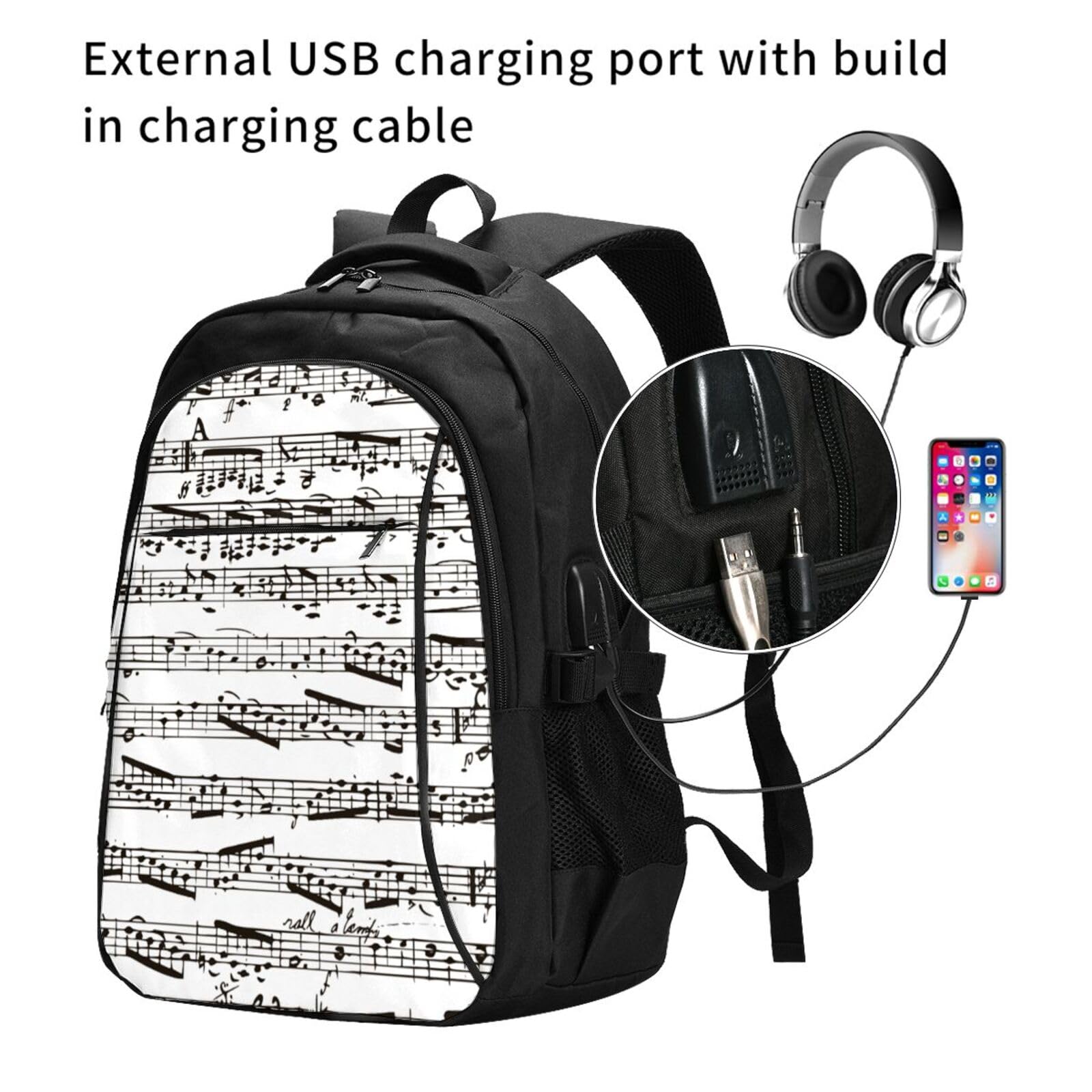InOmak Schwarze und weiße Musiknoten, Reiserucksack, Freizeitrucksack, Schulrucksack, Laptop-Rucksack für Damen und Herren