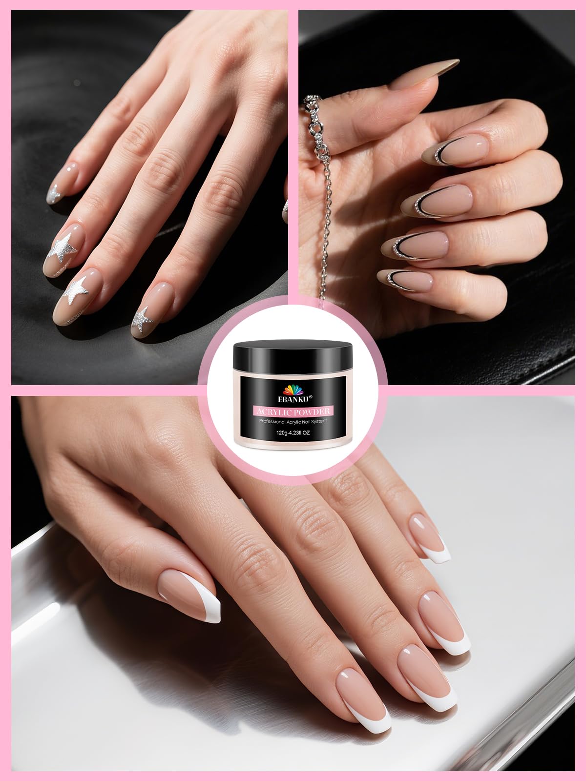 EBANKU Polvere acrilica per unghie rosa nude, 120 g, polvere acrilica professionale per extension per unghie, 3D Art Carving French manicure, forte adesione, facile da modellare a lunga durata, non