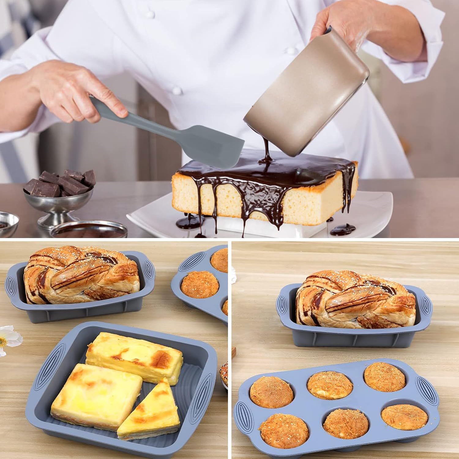 Juego de moldes de silicona antiadherente 7 en 1 para hornear, molde para pasteles, molde para pasteles, molde para tostadas, molde para magdalenas y moldes para magdalenas, juego de