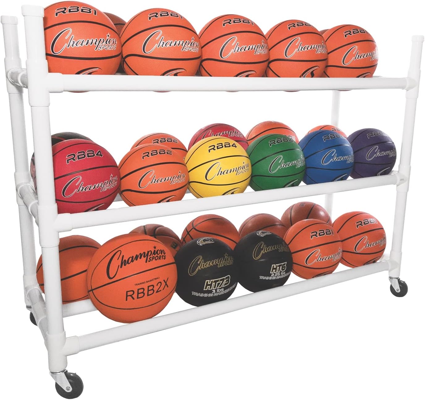 Champion Sports Three Tier Basketball Storage Cart with Locking Swivel Caster Wheels, 30 Ball Capacity (White) Champion Sports Three Tier Basketball Storage Cart with Locking Swivel Caster Wheels, 30 Ball Capacity (White)
