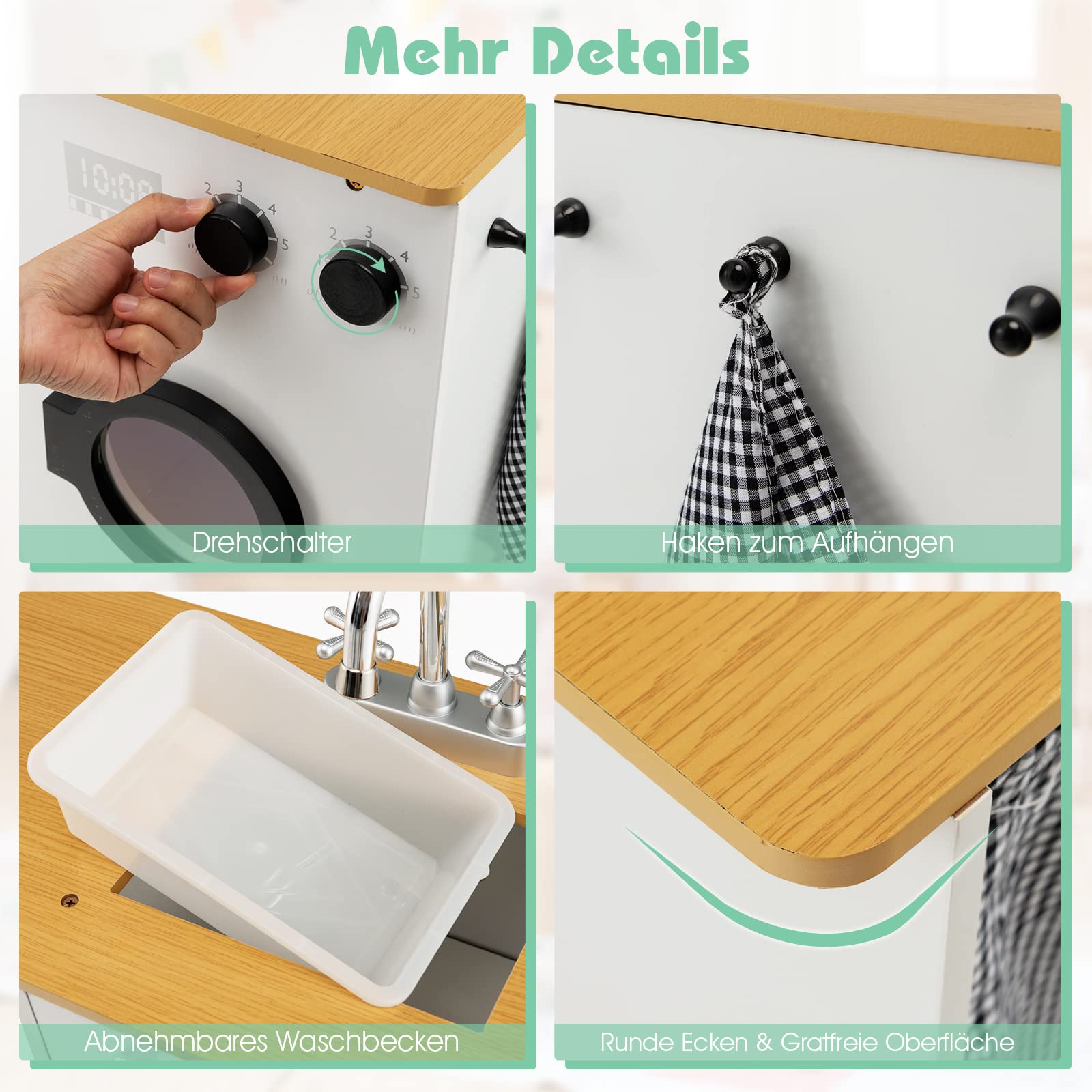 COSTWAY Kinderküche mit Hocker & Spielzubehör, Eck Spielküche mit Licht und Sound, Holzküche Spielzeugküche für Kinder ab 3 Jahren
