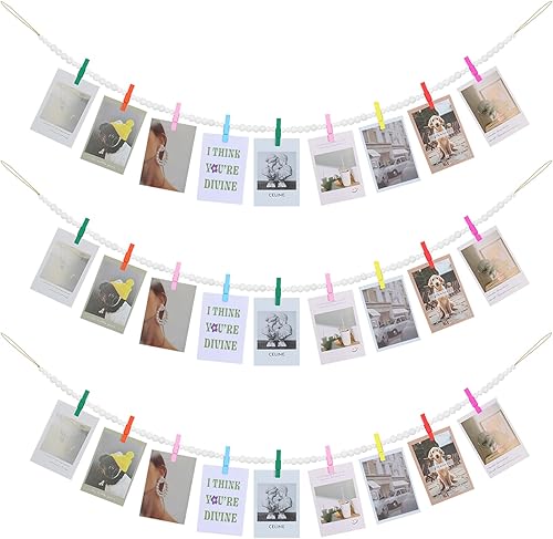 Miniatura 11 de KLOGTSIND Decoración de pared para colgar fotos, 3 piezas, guirnalda de cuentas de madera bohemia, marco de fotos con 9 clips de madera