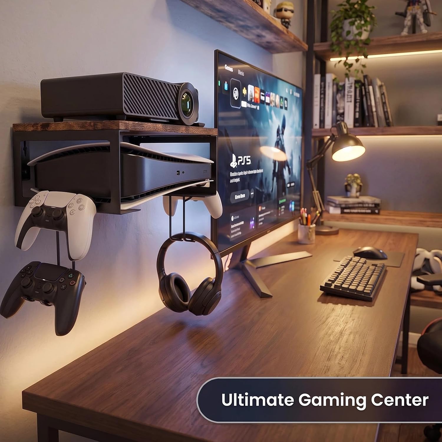 Pinzoveco Floating TV Shelf, 2 Tiers Projector Shelf for DVD Players | Wooden Game Console Shelf Wall Mount Floating Shelf with 4 Controller Hangers for Cable Box Routers Xbox PS5 PS4, Black