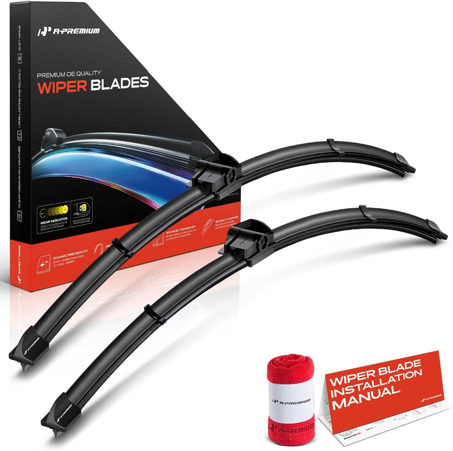 A-Premium Pack of 2 Windshield Wiper Blades with Wear Indicator & Towel - Compatible with Volkswagen Phaeton 2004-2006 - 24" and 21", SL Special (with Cap) Connector, Left and Right