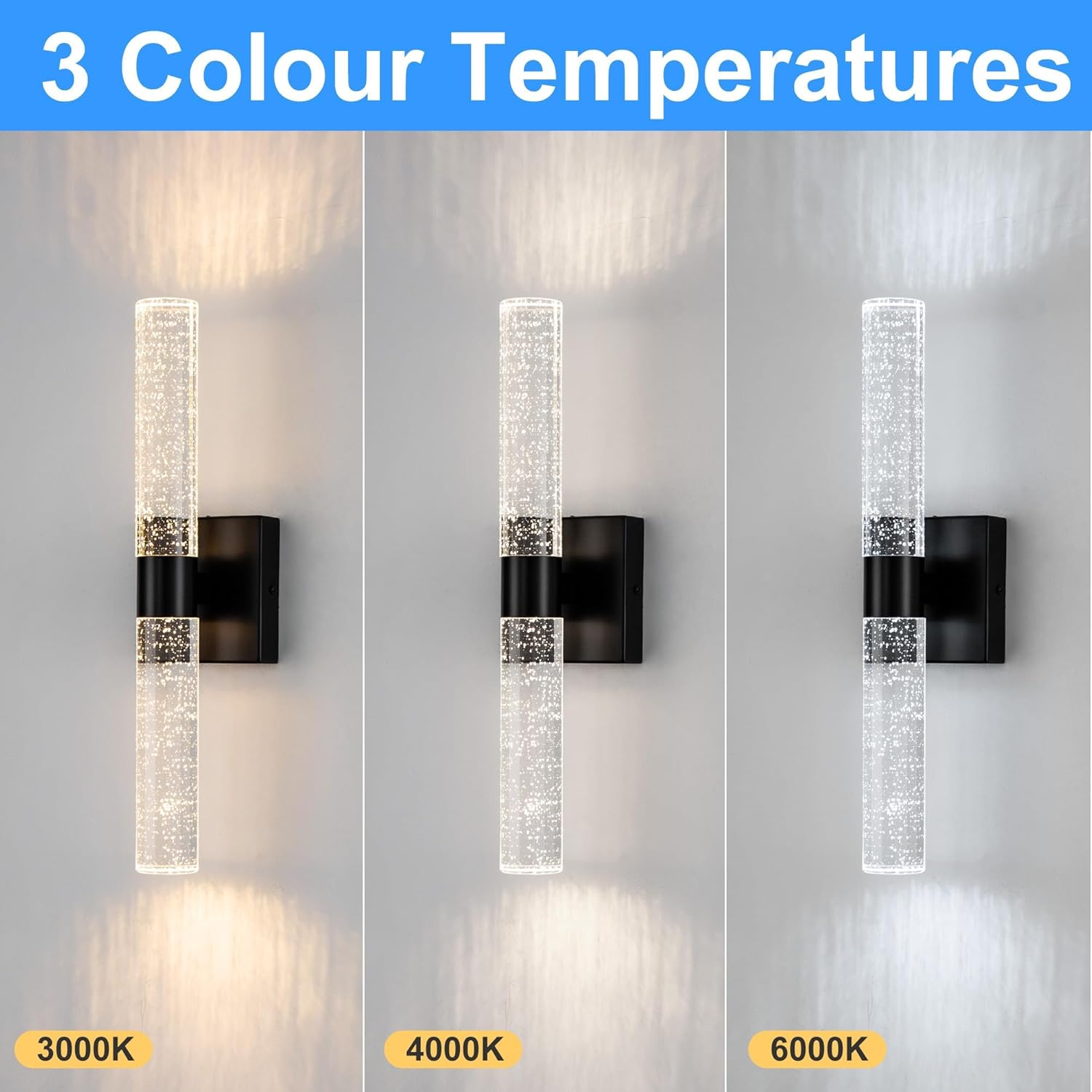 DORESshop Modern Wall Sconces Set of Two, 3CCT Crystal Bathroom Sconces Wall Light, Black Vanity Light Fixture, Sconce Wall Decor Set of 2, Wall Lights for Bedroom, Living Room, Hallway 18in
