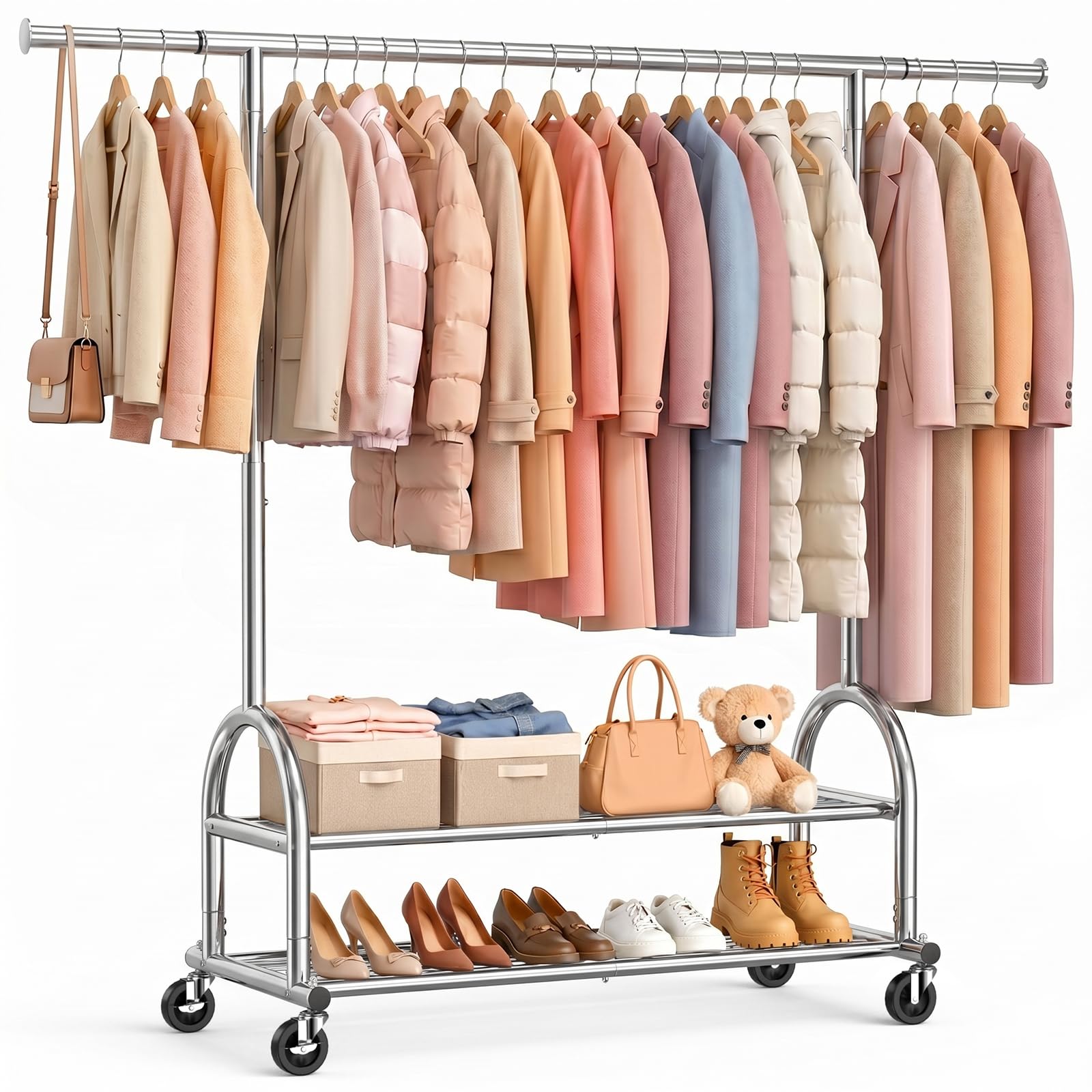 EAGMAK Heavy Duty Clothes Rail Load 252 KG, Rolling clothing Rail with Sturdy Wheels and 2 Shelves, Height Adjustable Metal Coat Racks, Portable Garment Wardrobe Organizer for Hanging Clothes, Silver