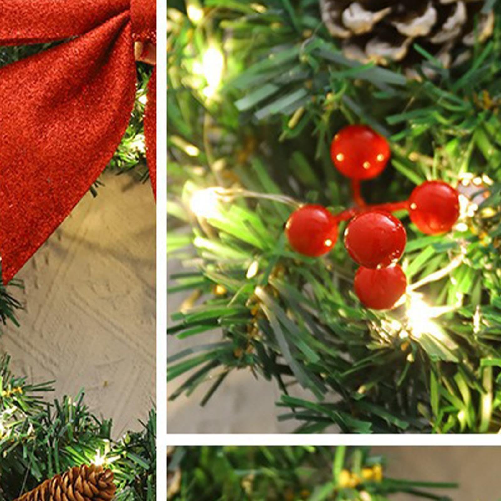 Couronne de Noël artificielle pré-éclairée avec nœud papillon rouge - Couronne d'hiver lumineuse - Couronne de porte de Noël de 50 cm - Fournitures de fête pour porte, mur, cheminée, décoration de