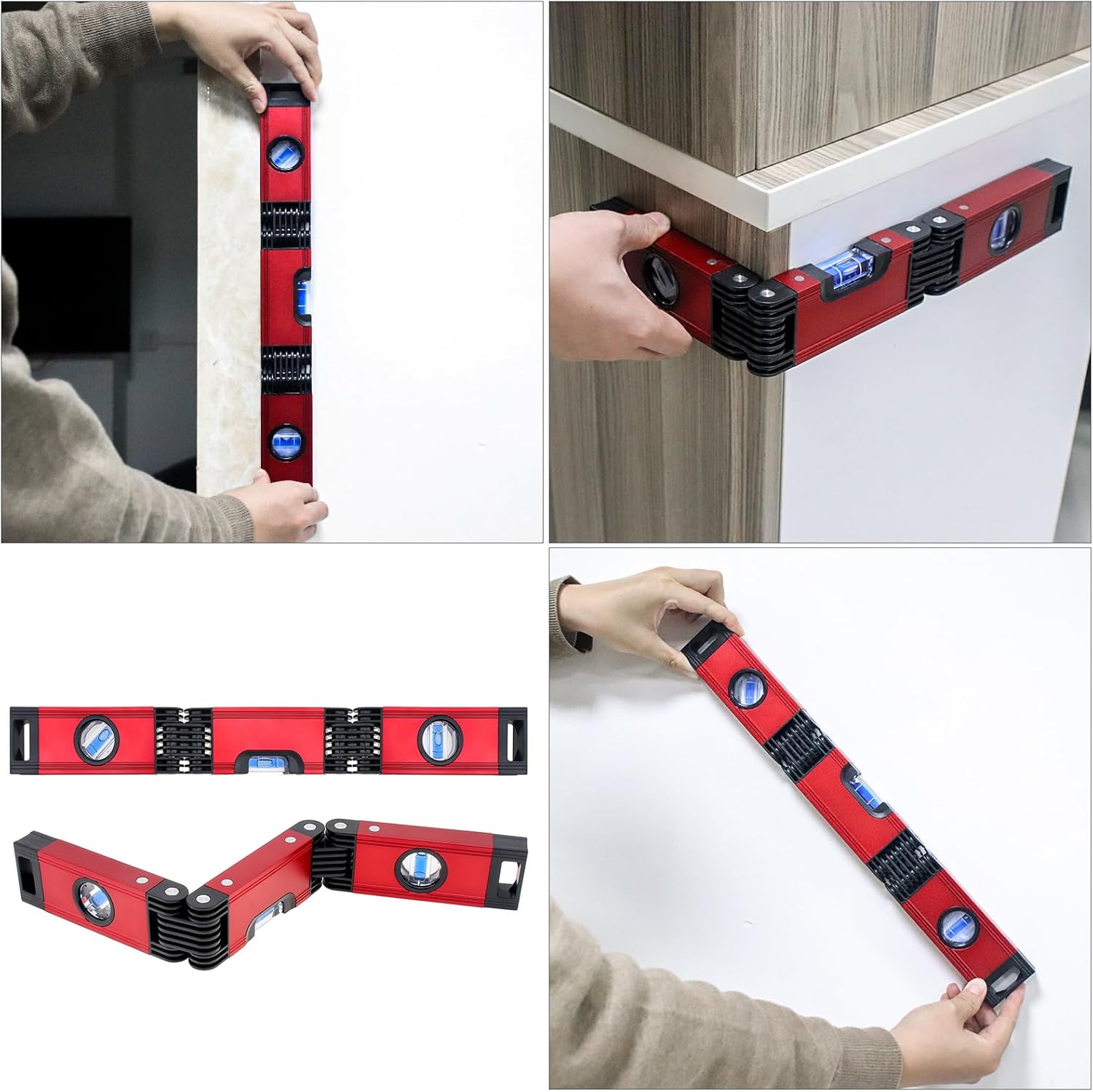 Foldable Level Tool Magnetic Multi Function Folding Level Measuring Tool 3 Section Torpedo Leveling Woodworking Tools Line Spirit Level 17inch Bendable Bubble Leveler for Construction