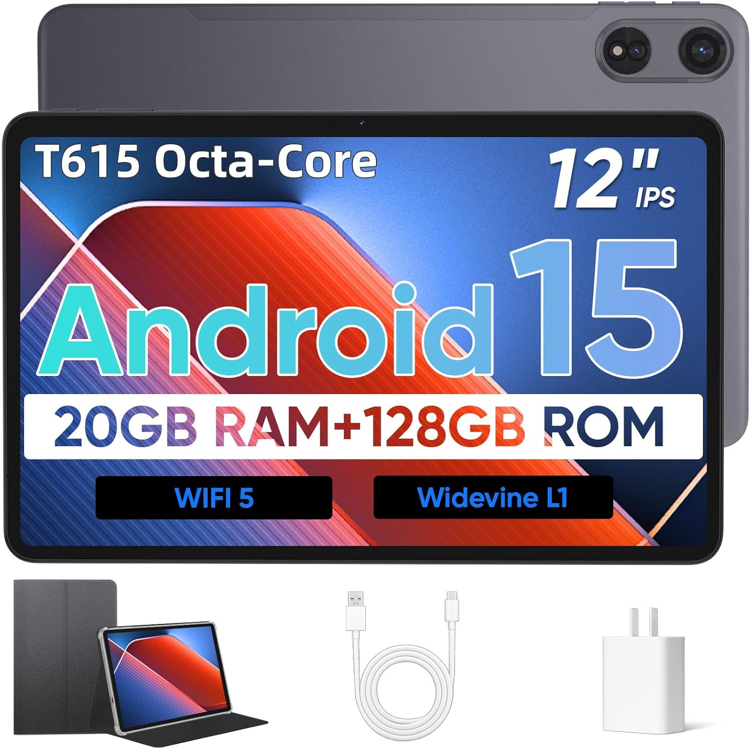 12 Inch Tablet, Android 15 Tablets with 2000*1200 Resolution IPS Touch Screen, 20GB RAM (6+14GB), 128GB ROM+1TB Expand, T615 Octa-Core Processor / 8000mAh Battery / 18W Fast Charge, Dual WiFi, Black