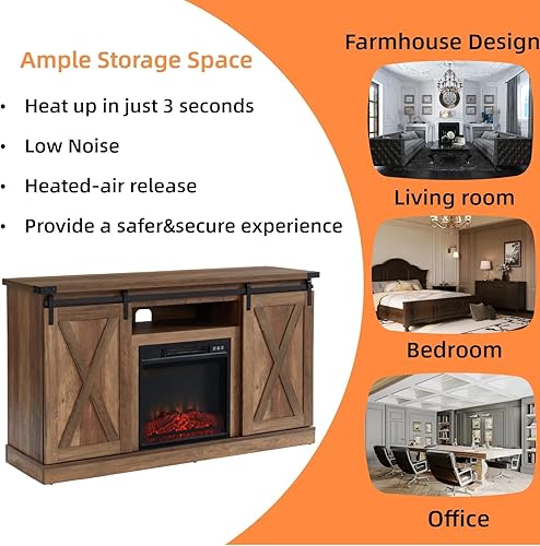 Miniatura 4 de JYED Farmhouse - Soporte de TV eléctrico con chimenea y puerta corrediza de granero para televisores de hasta 60 pulgadas, centro de entretenimiento