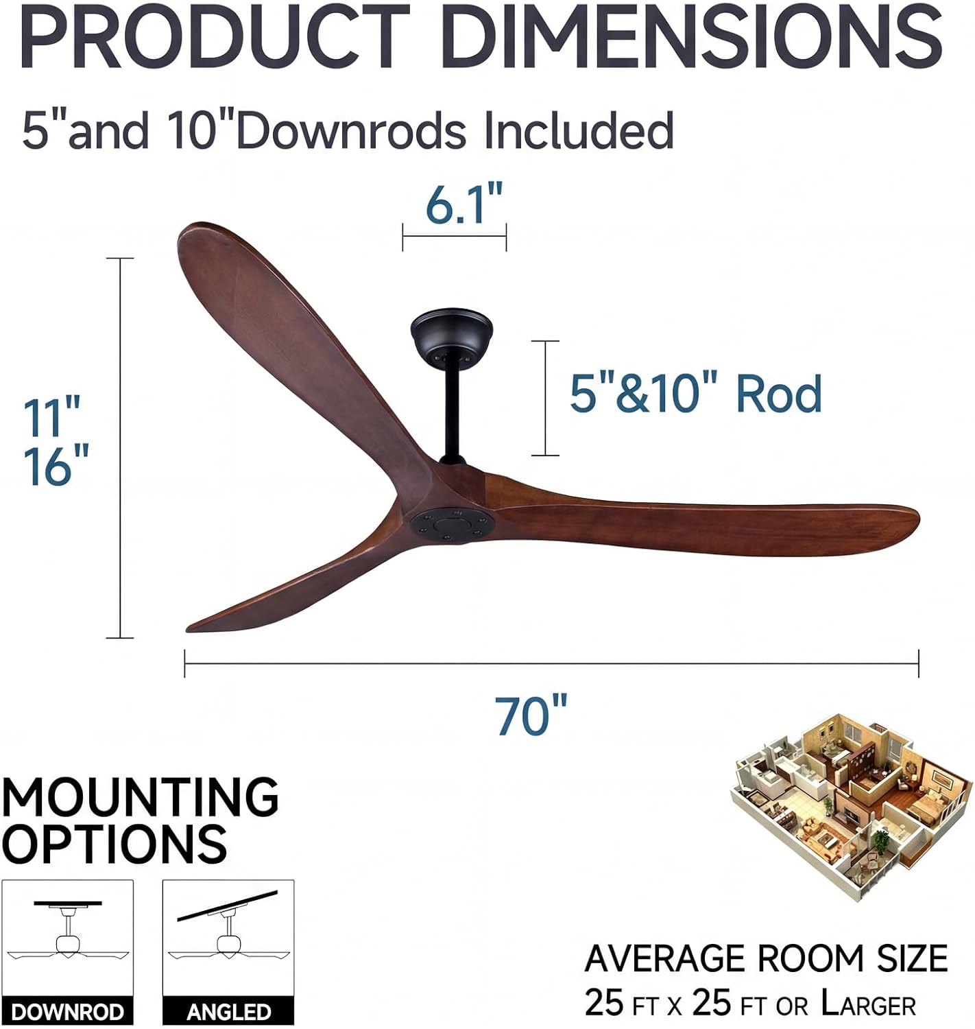 Ceiling Fan No Light, 70 Inch Modern Solid Wood Ceiling Fan with Remote, Quiet DC Motor, Flush Mount Low Profile Indoor or Covered Patio Ceiling Fan for Bedroom Living Room, Natrual Wood