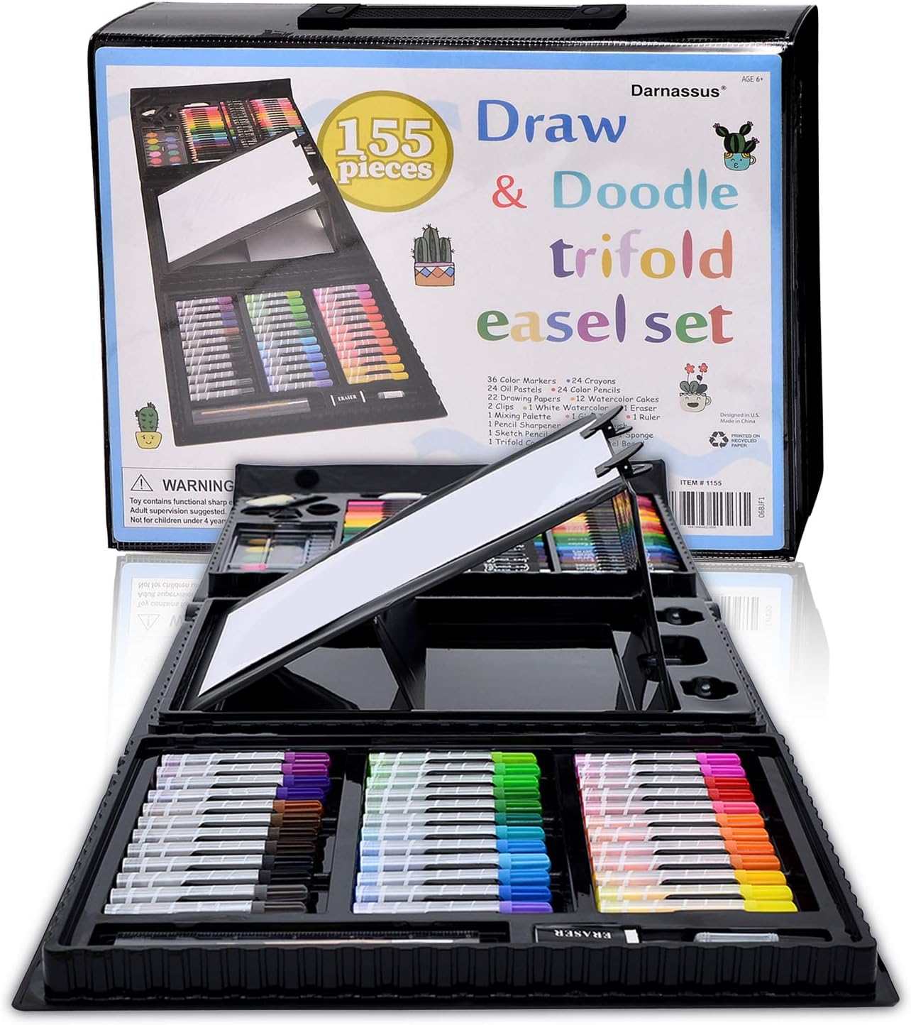 Darnassus 155-Piece Trifold Easel Art Set, Deluxe Professional Color Set, Compact Portable, with Crayons, Markers, Pencils, Color Cakes, and Sketch Pad, Crafts Gift for Ages 4-12