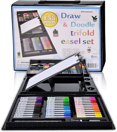 Darnassus 155-Piece Trifold Easel Art Set, Deluxe Professional Color Set, Compact Portable, with Crayons, Markers, Pencils, Color Cakes, and Sketch Pad