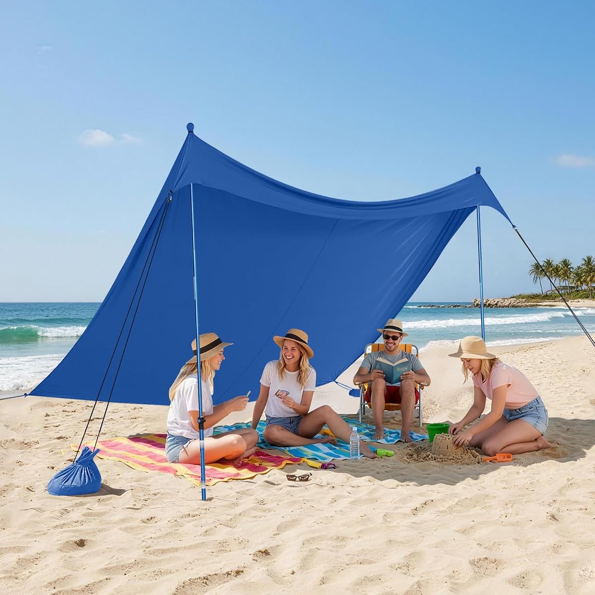 CROWN SHADES 7x7 Beach Tent Sun Shelter 2 Poles, Blue | Easy to Setup Beach Canopy Shade with Sand Anchor, UPF 50+ Protection, Height Adjustable
