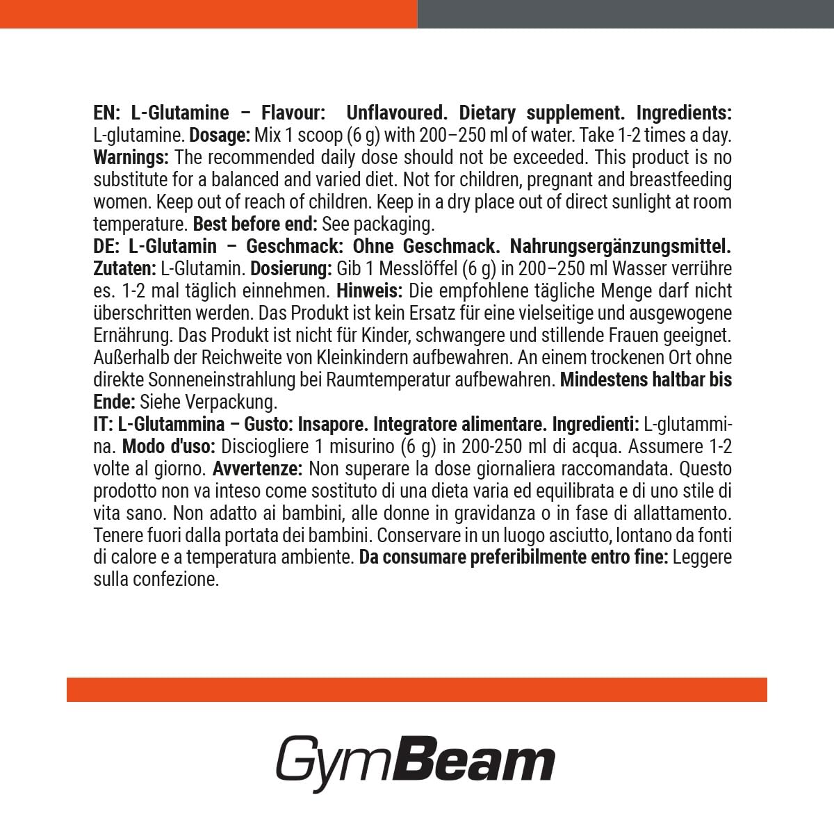 GymBeam L-Glutammina in Polvere, Amminoacidi Essenziali, Metodo di Fermentazione Delicato, Glutammina, Gusto Neutro, Sintesi Proteica nei Muscoli, Amminoacidi Essenziali in Polvere (Neutro, 500 g)